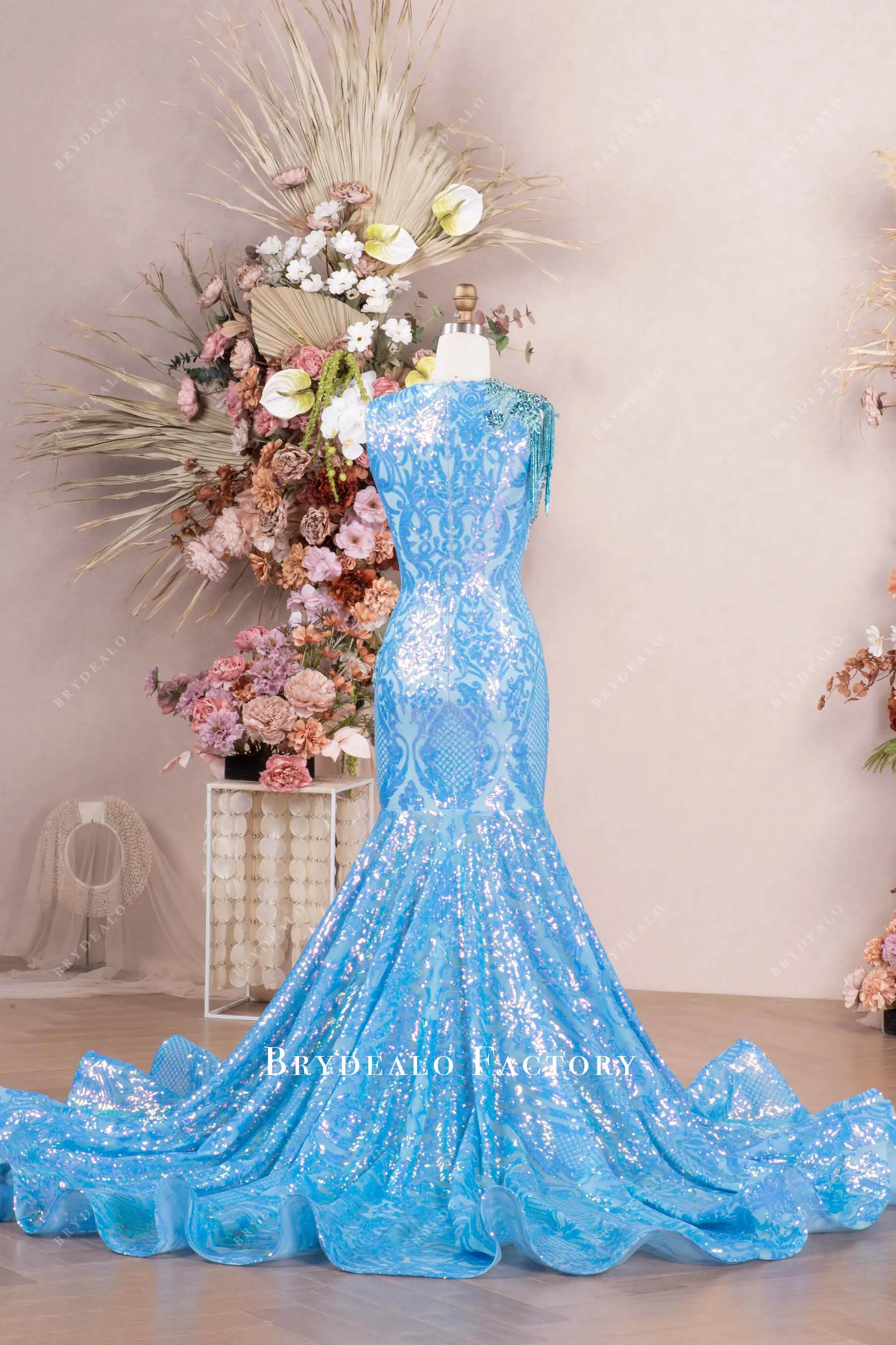 Luxury Rhinestone Tassel Applique Sequin Prom Dress