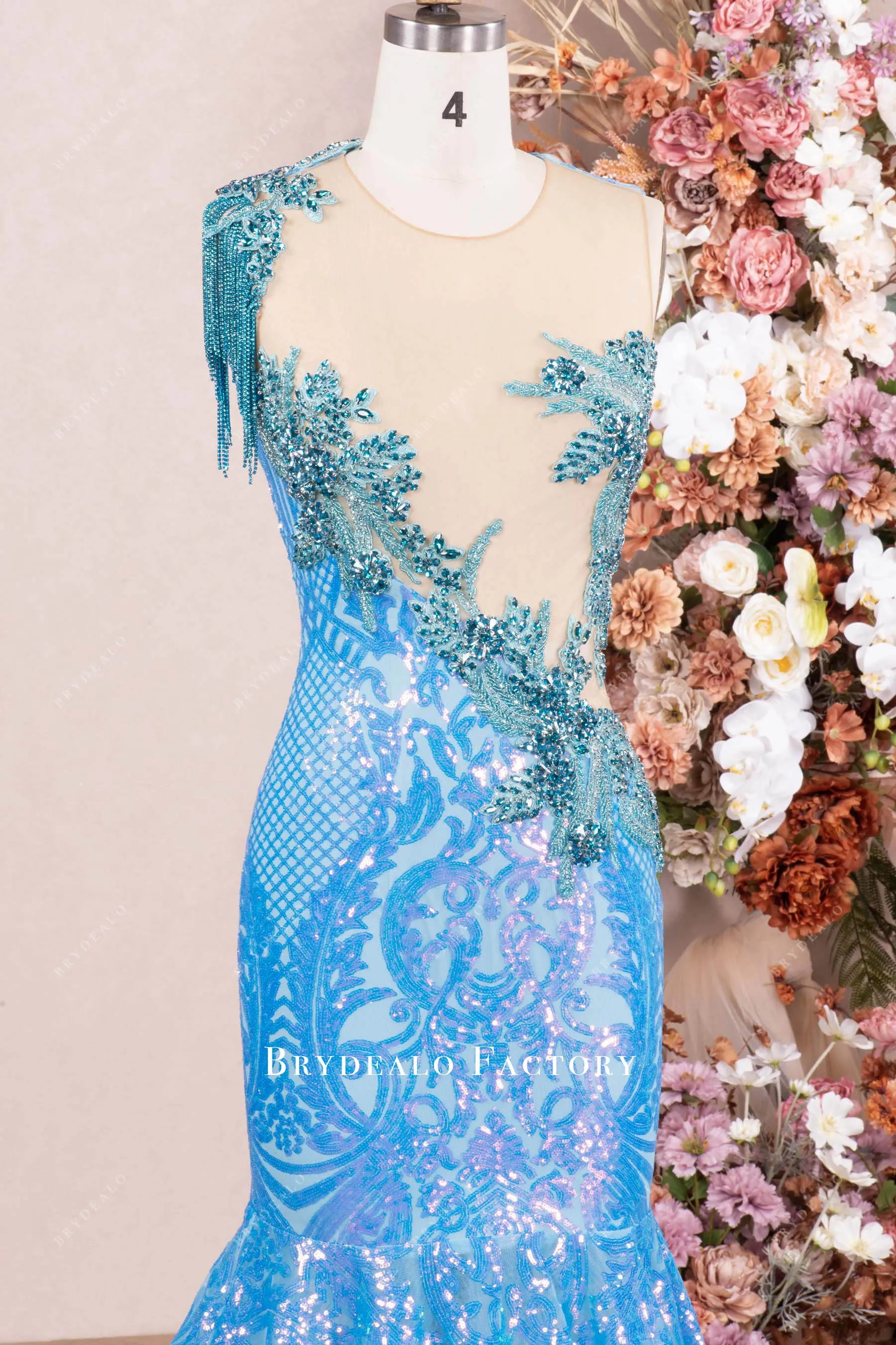 Luxury Rhinestone Tassel Applique Sequin Prom Dress