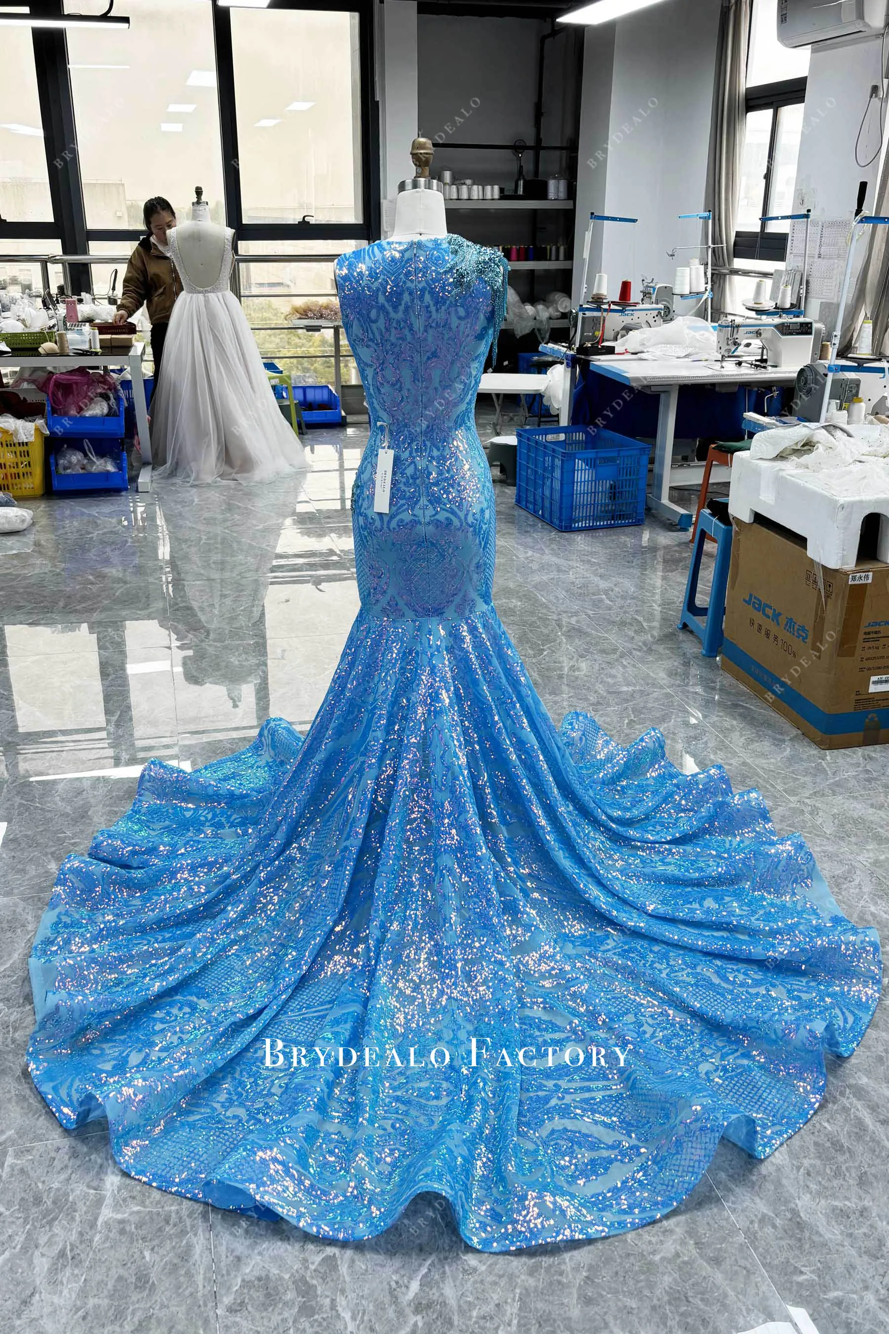 Luxury Rhinestone Tassel Applique Sequin Prom Dress