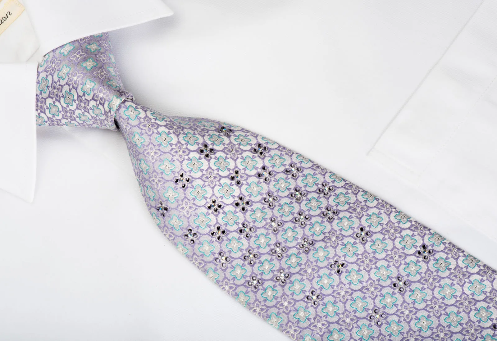 Maestro Rhinestone Silk Necktie Foulard Floral On Mauve With Silver Sparkles