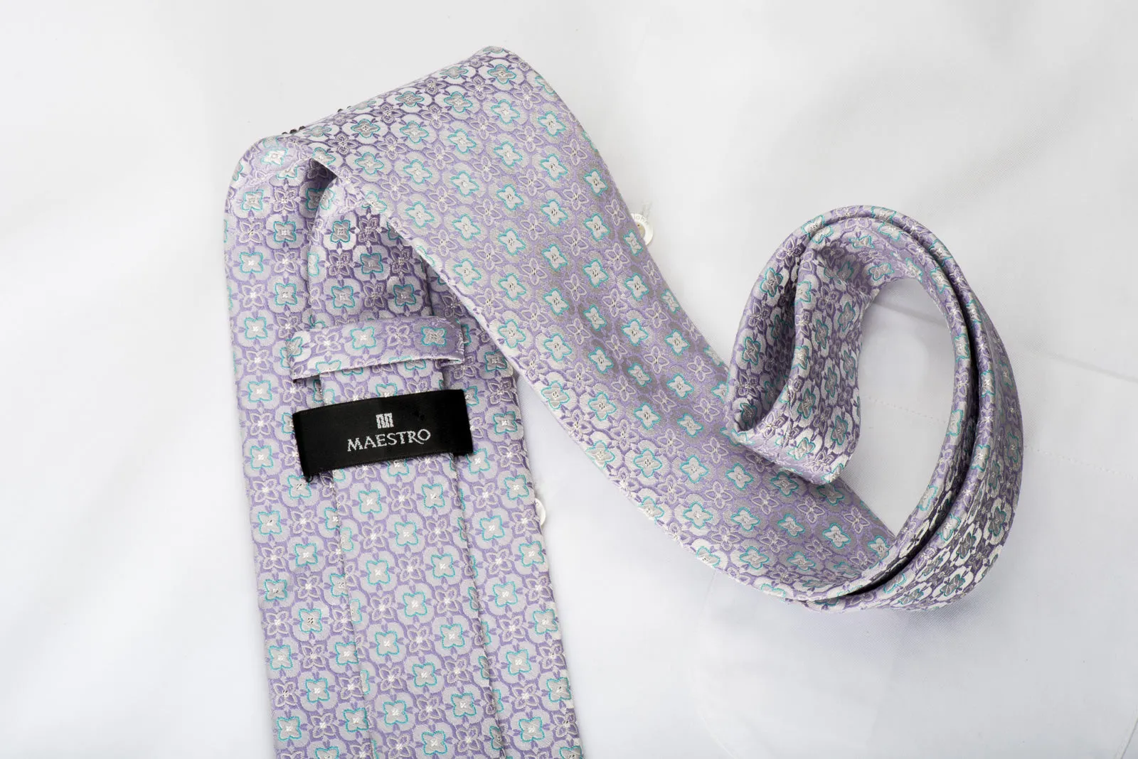 Maestro Rhinestone Silk Necktie Foulard Floral On Mauve With Silver Sparkles