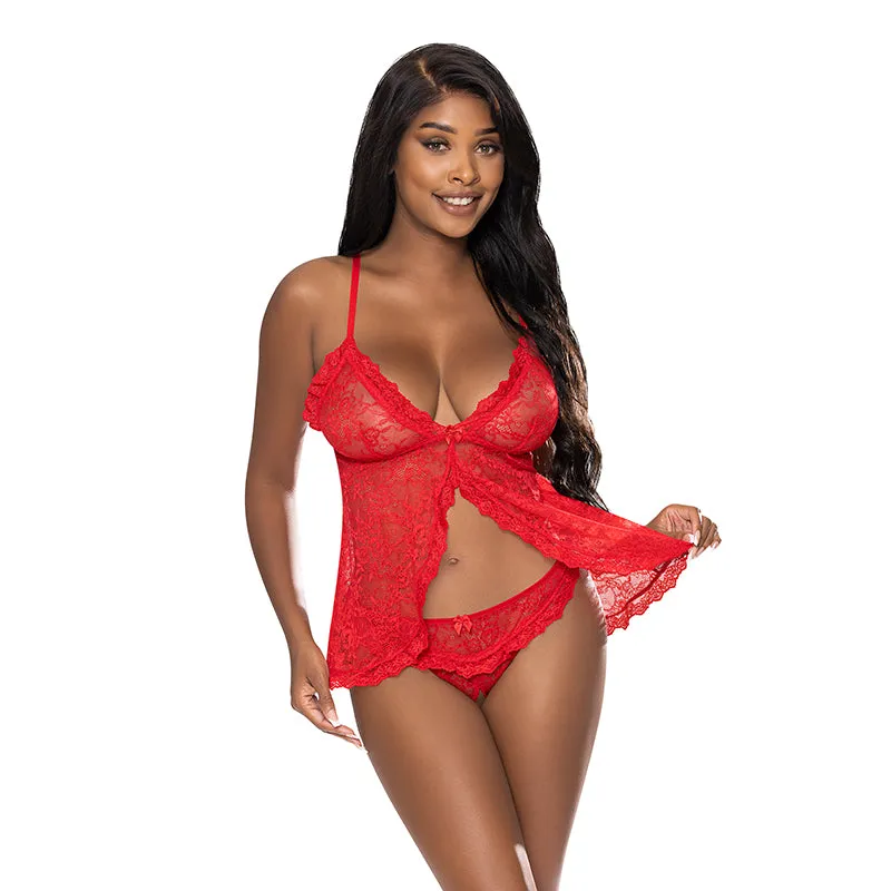 Magic Silk Ooh La Lace Babydoll & Split-Crotch Panty Set Red L/XL