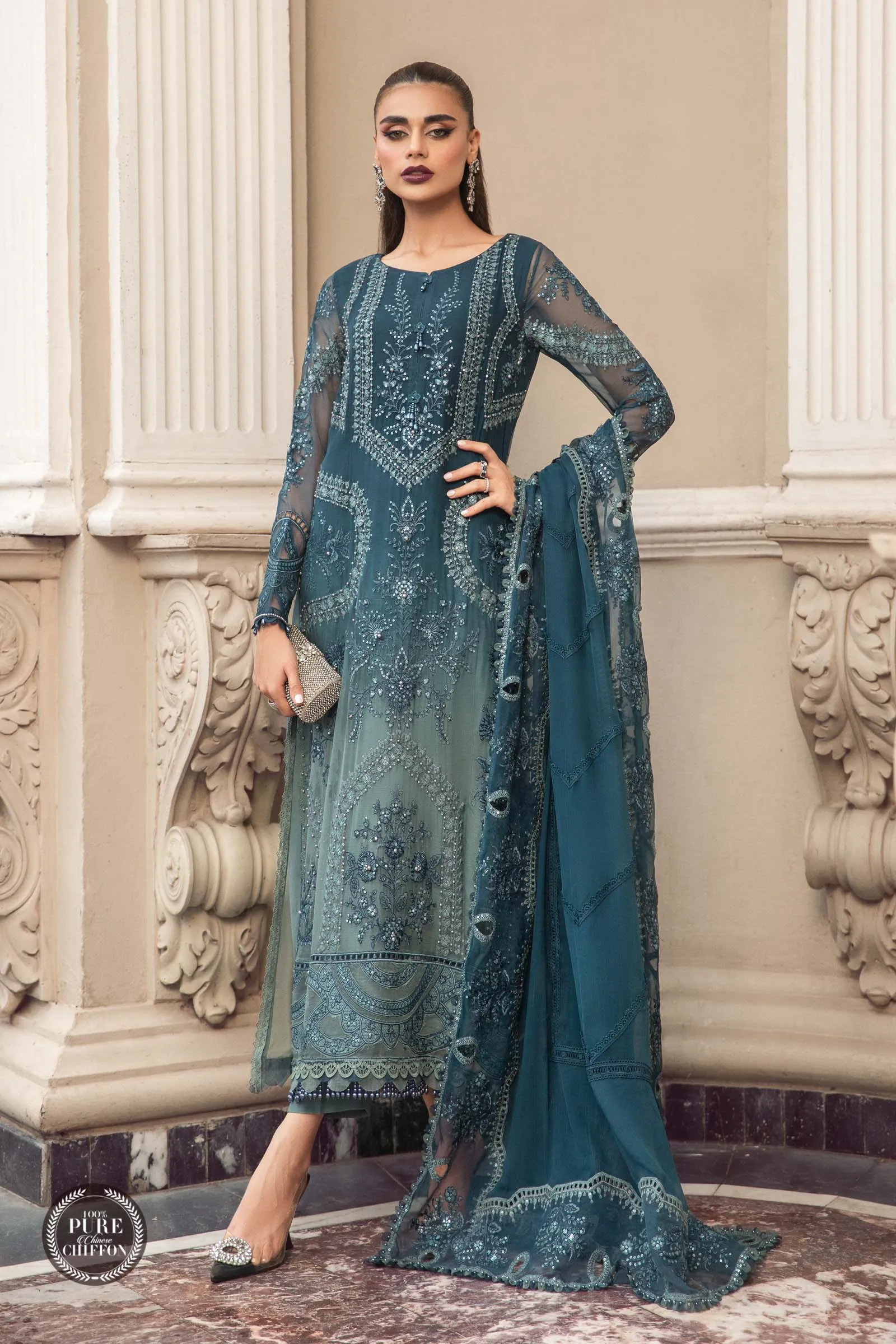 MARIA.B Luxury Chiffon Wedding Formals – MPC-23-102 Teal Blue