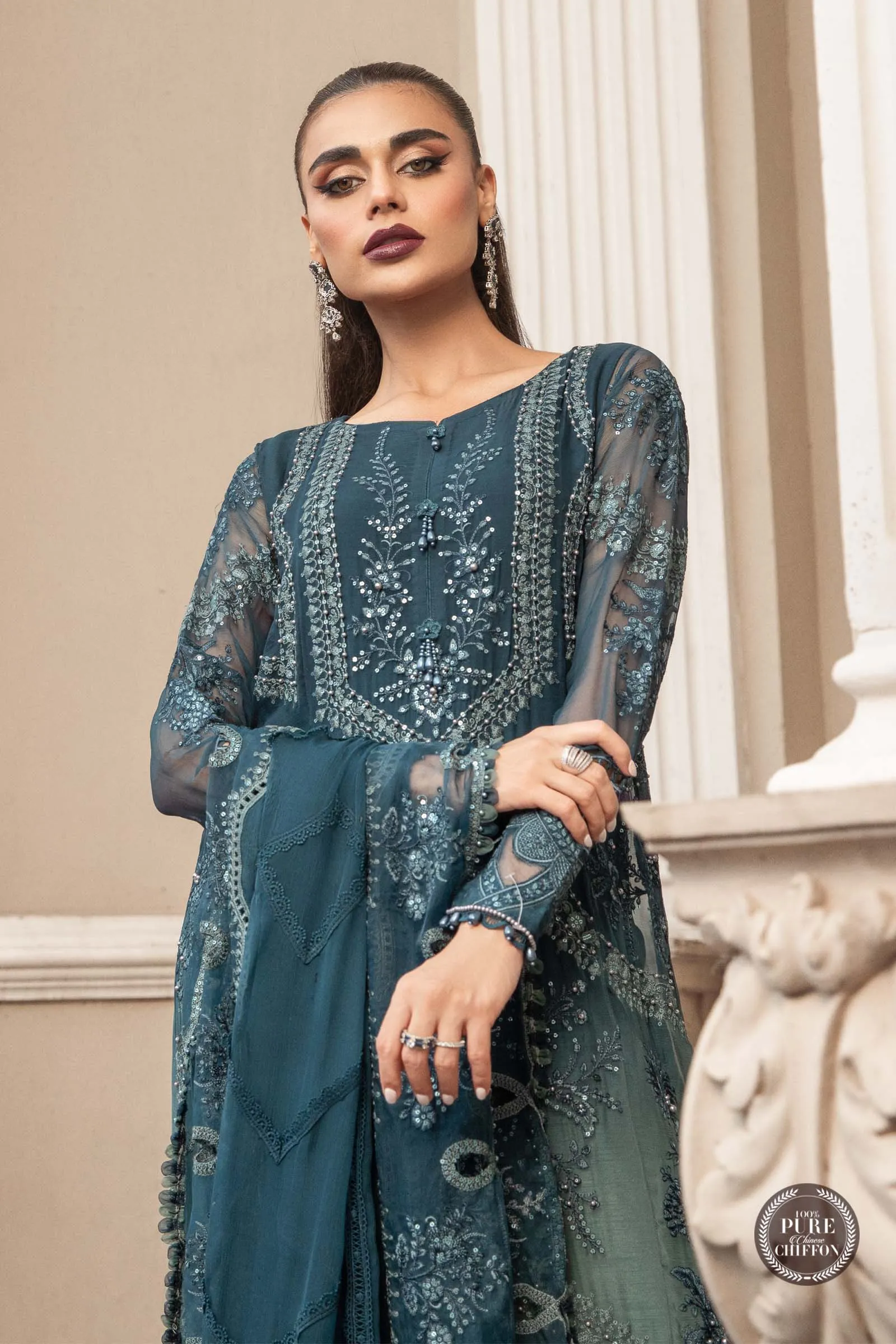 MARIA.B Luxury Chiffon Wedding Formals – MPC-23-102 Teal Blue