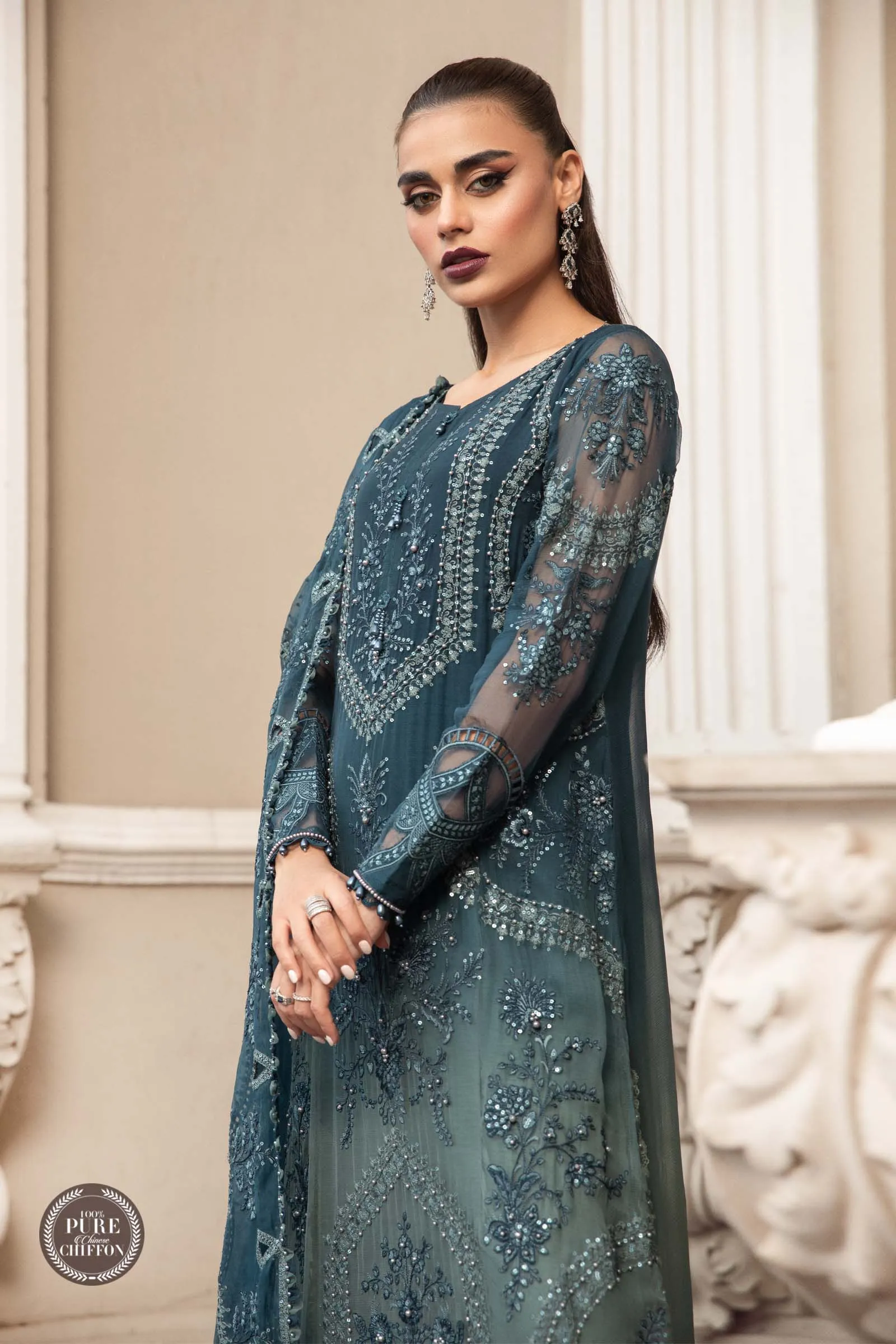 MARIA.B Luxury Chiffon Wedding Formals – MPC-23-102 Teal Blue