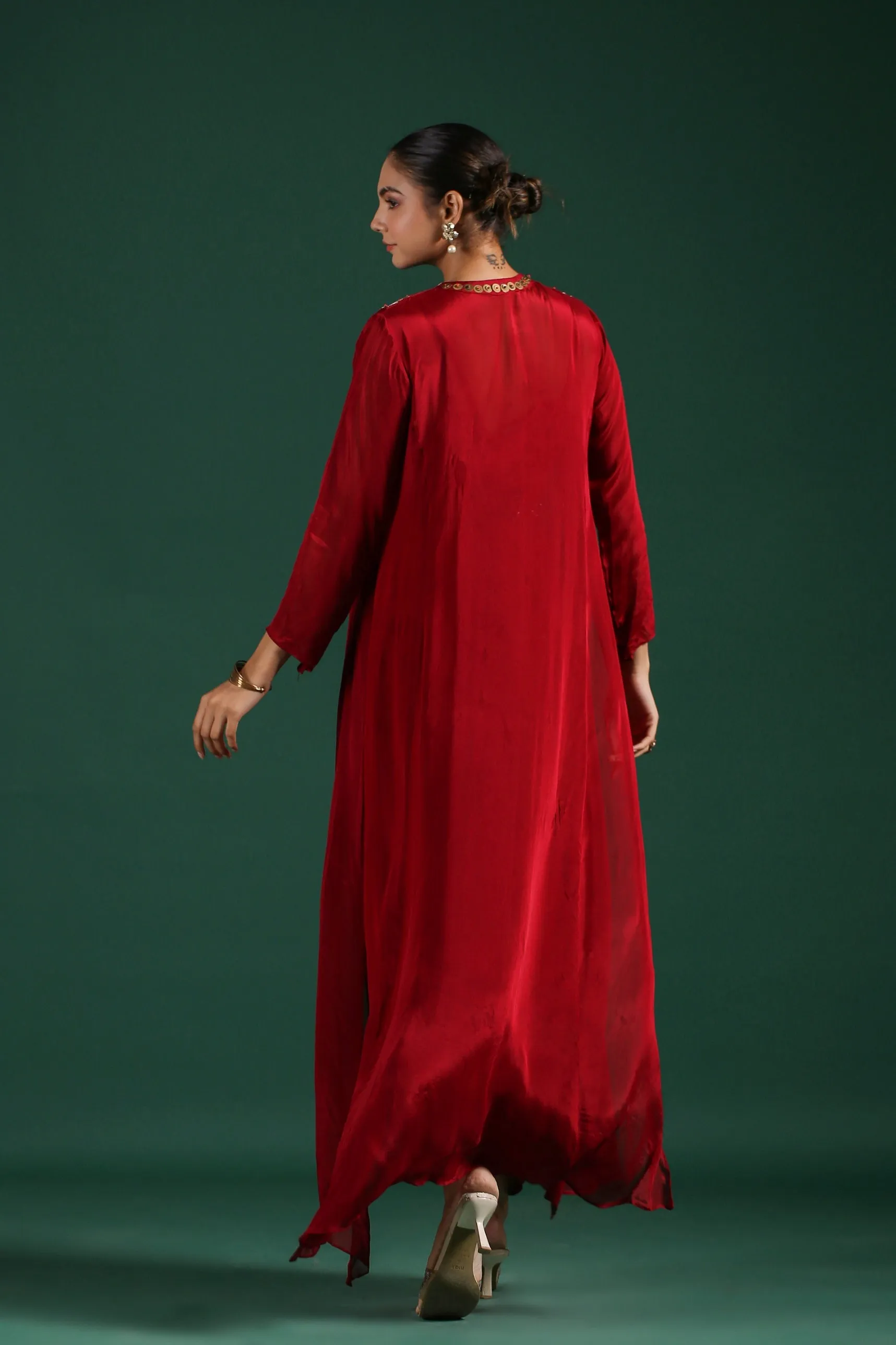 Maroon Embroidered Premium Chinon Silk Cape Dress