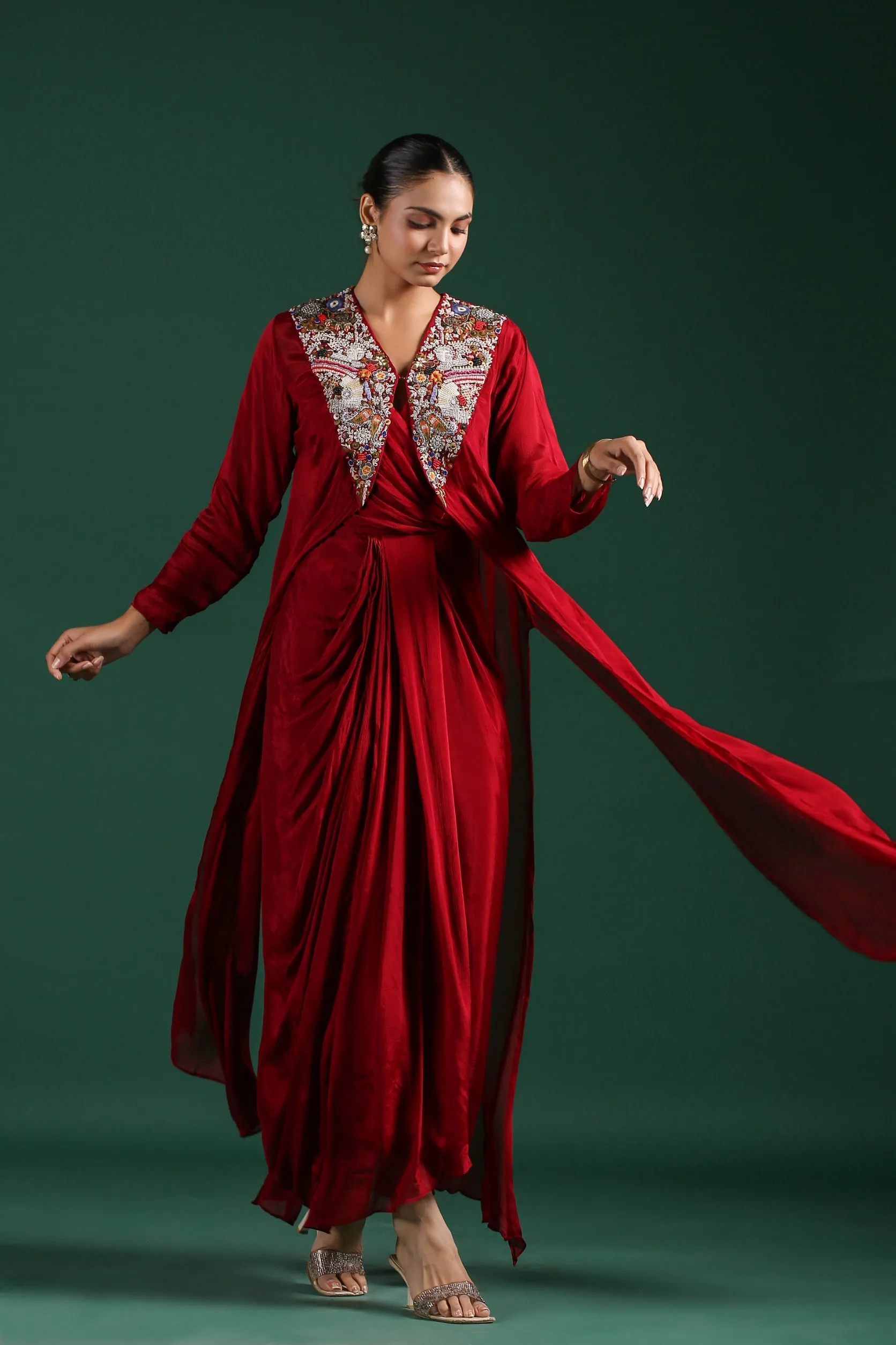 Maroon Embroidered Premium Chinon Silk Cape Dress