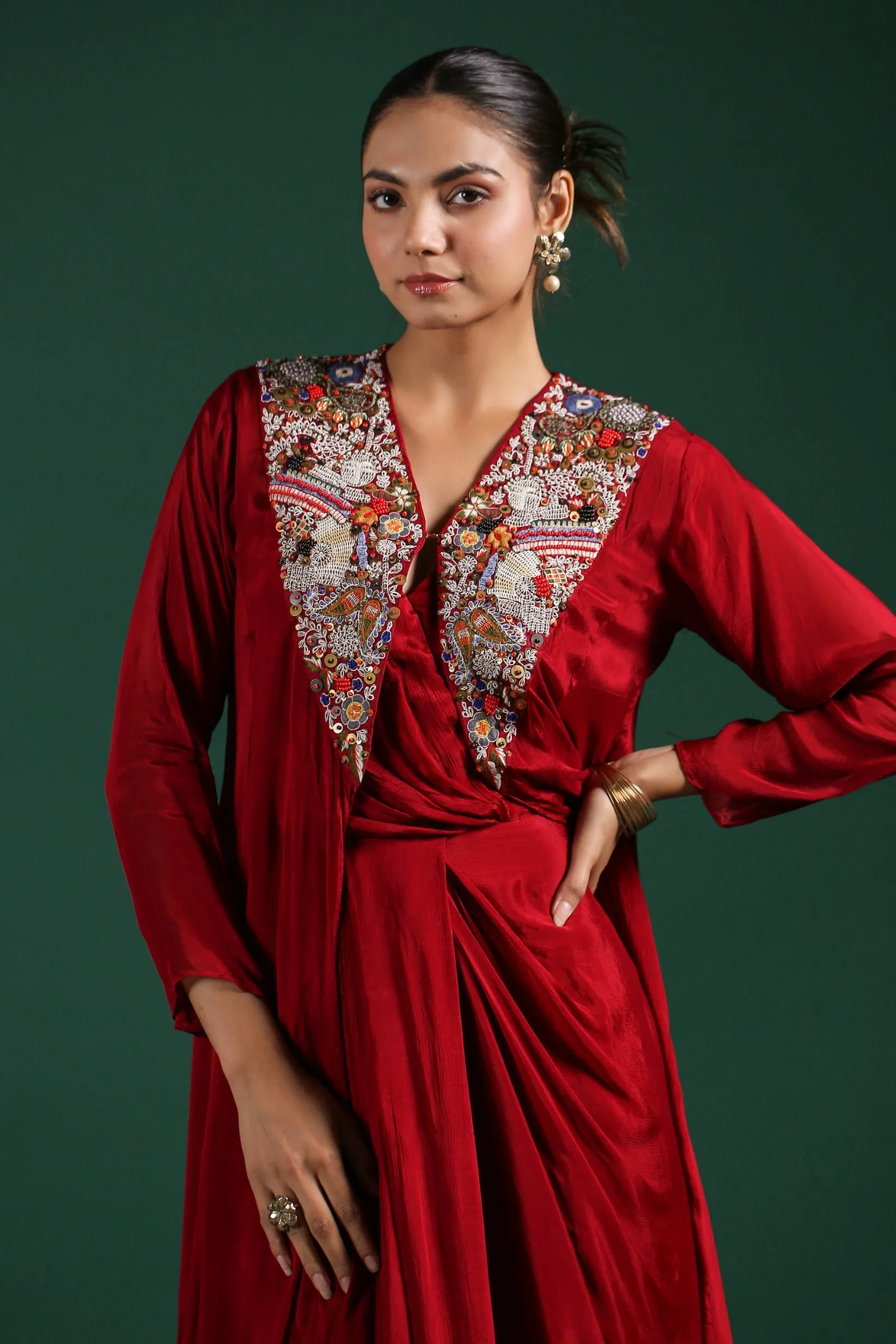 Maroon Embroidered Premium Chinon Silk Cape Dress