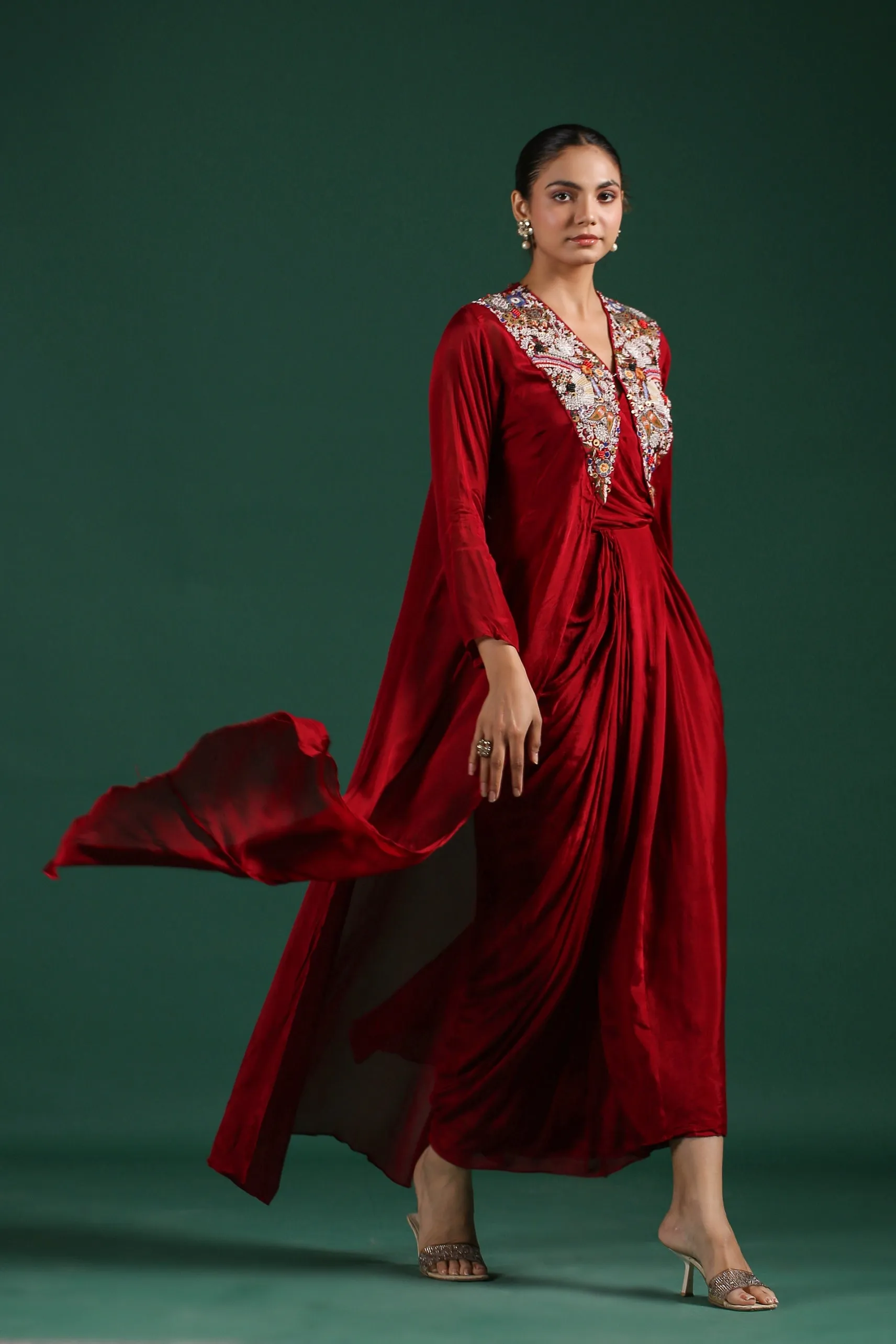 Maroon Embroidered Premium Chinon Silk Cape Dress