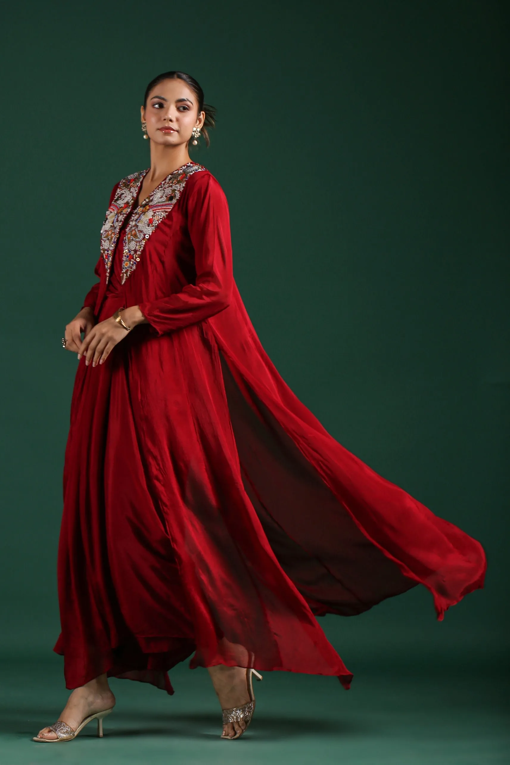 Maroon Embroidered Premium Chinon Silk Cape Dress