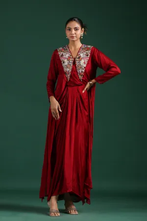 Maroon Embroidered Premium Chinon Silk Cape Dress