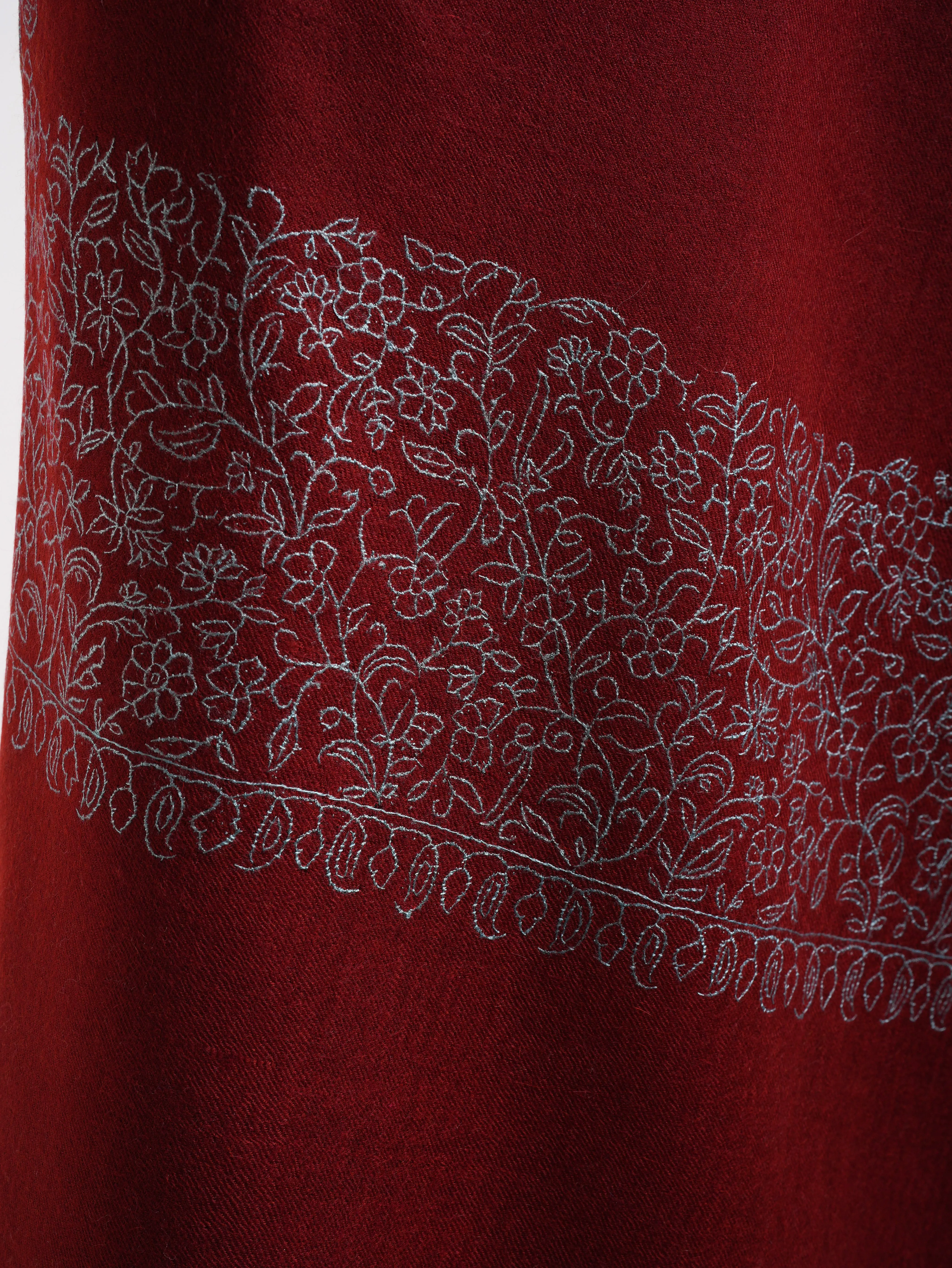 Maroon Real Cashmere Wrap with Blue Embroidery