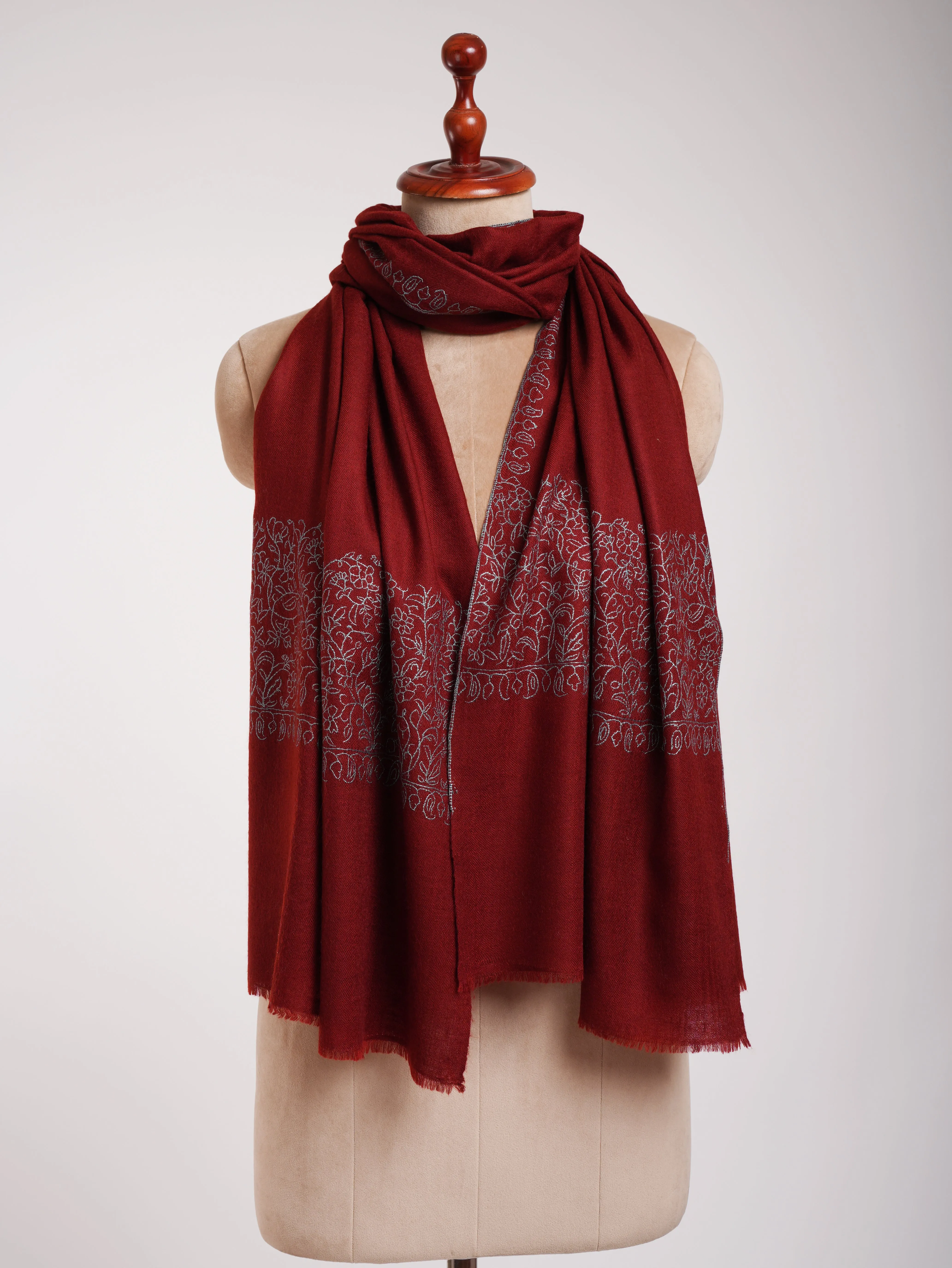 Maroon Real Cashmere Wrap with Blue Embroidery