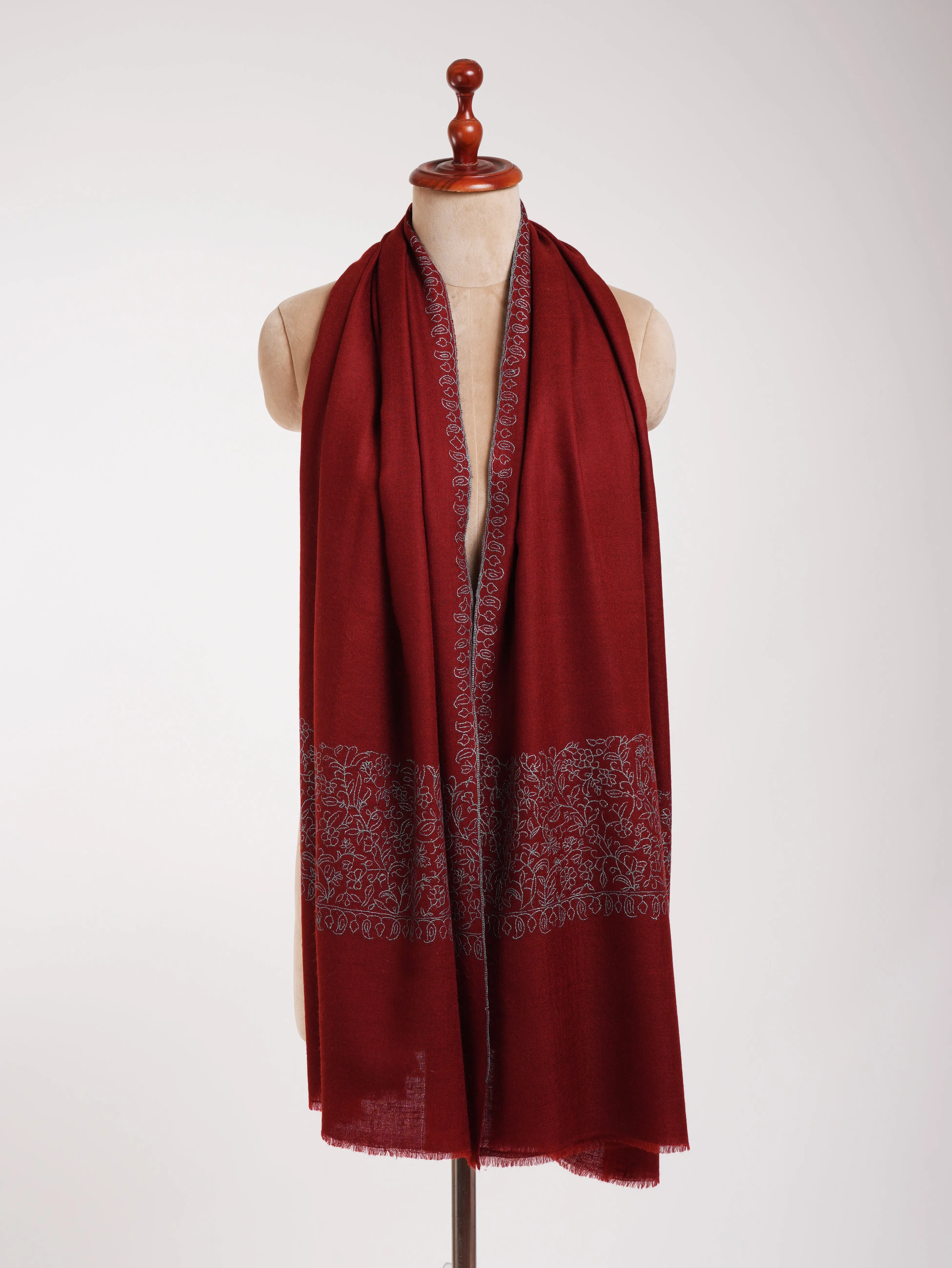 Maroon Real Cashmere Wrap with Blue Embroidery