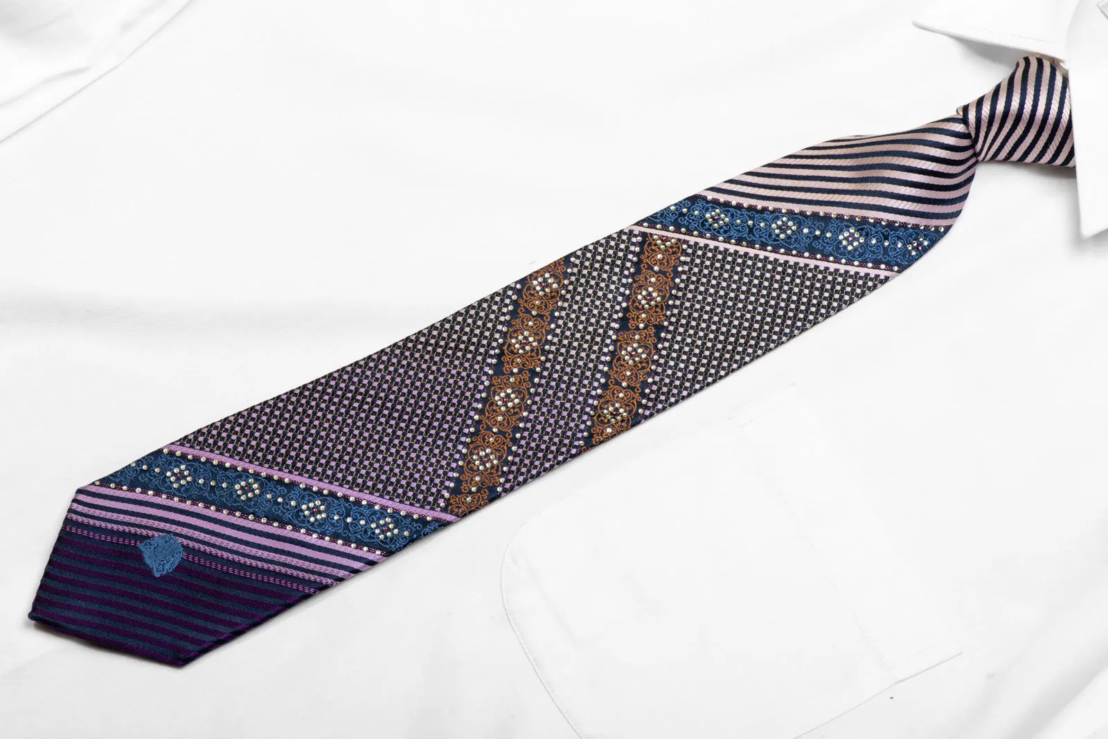 Mauve Blue Orange Striped Cartouche On Navy Rhinestone Silk Tie With Sparkles