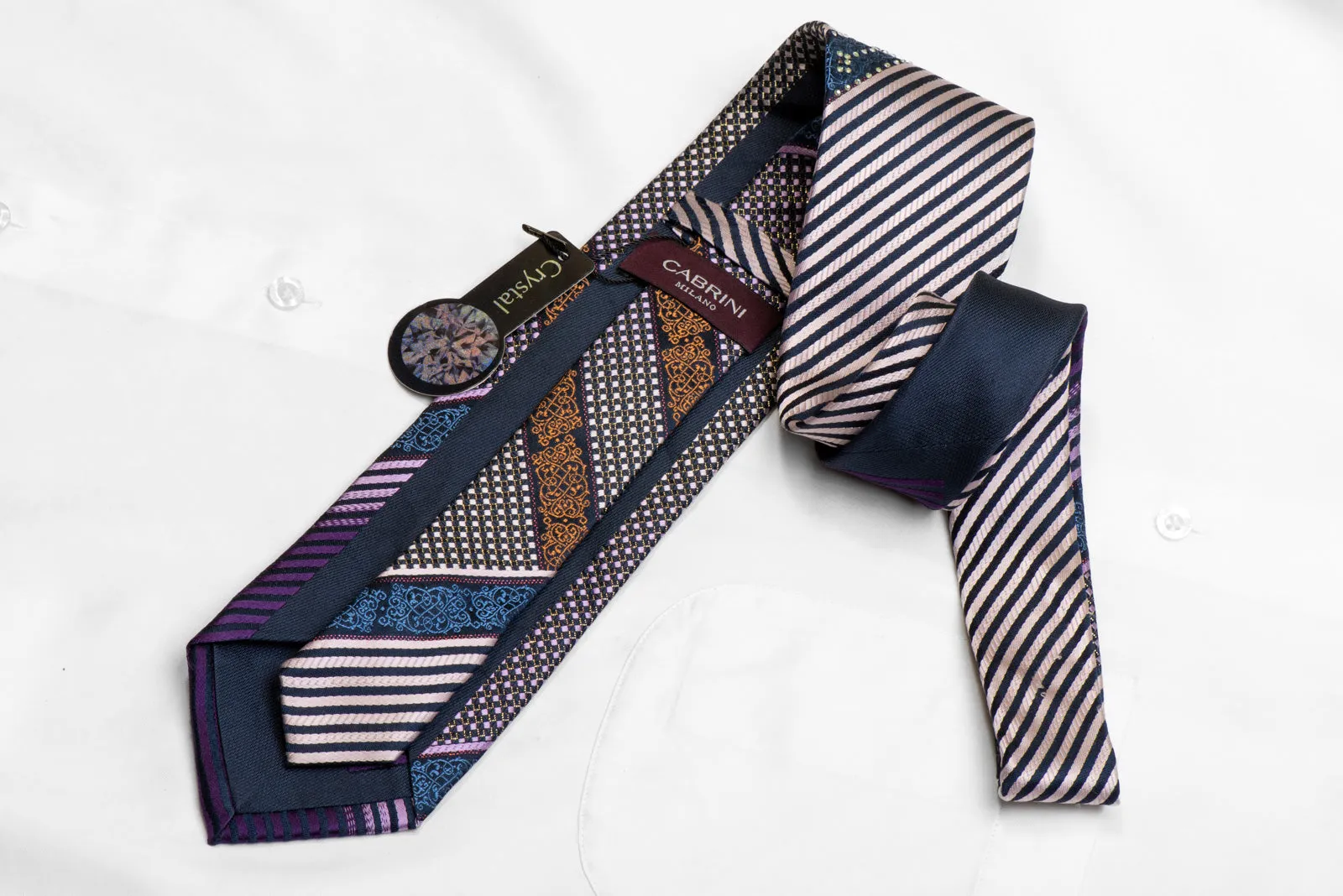 Mauve Blue Orange Striped Cartouche On Navy Rhinestone Silk Tie With Sparkles