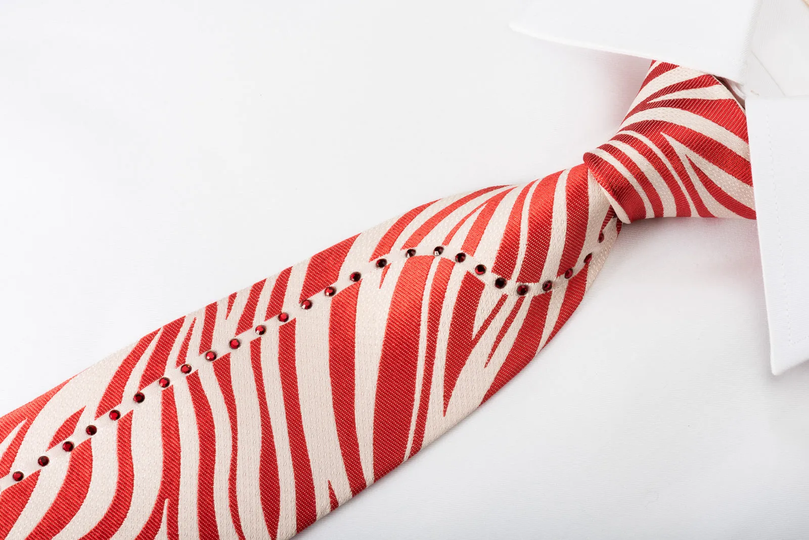 MCM Mens Silk Necktie Red Zebra Striped On White With Red Rhinstones