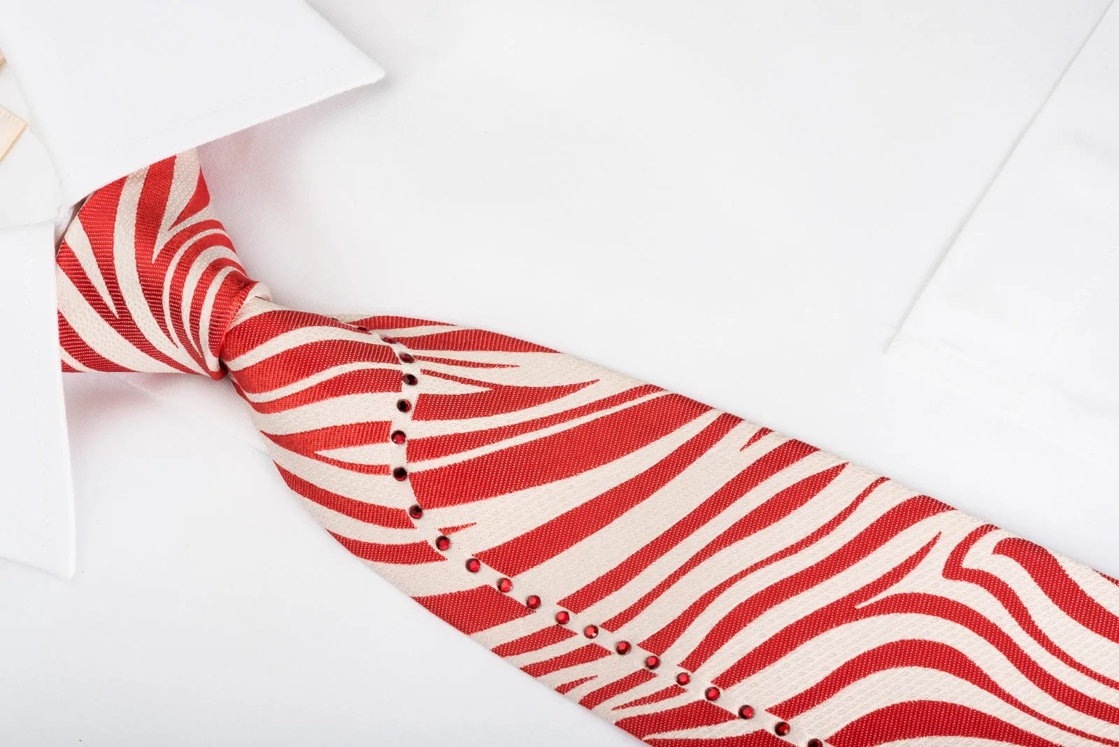 MCM Mens Silk Necktie Red Zebra Striped On White With Red Rhinstones