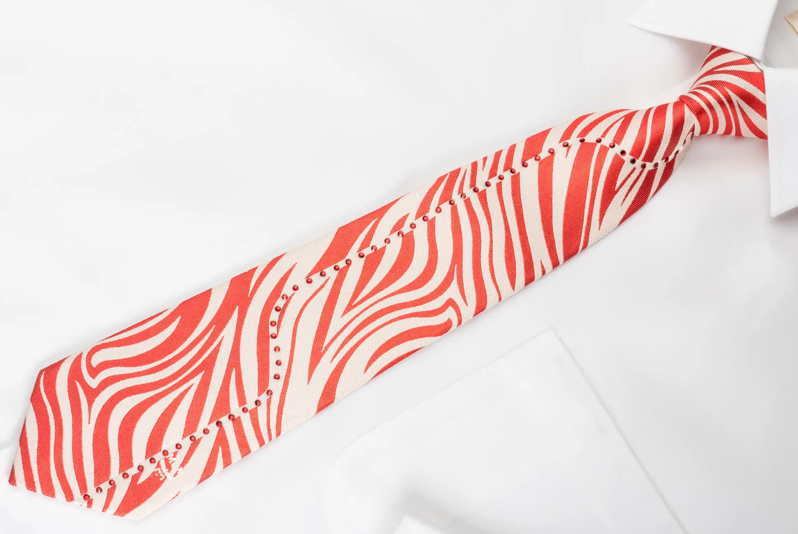 MCM Mens Silk Necktie Red Zebra Striped On White With Red Rhinstones