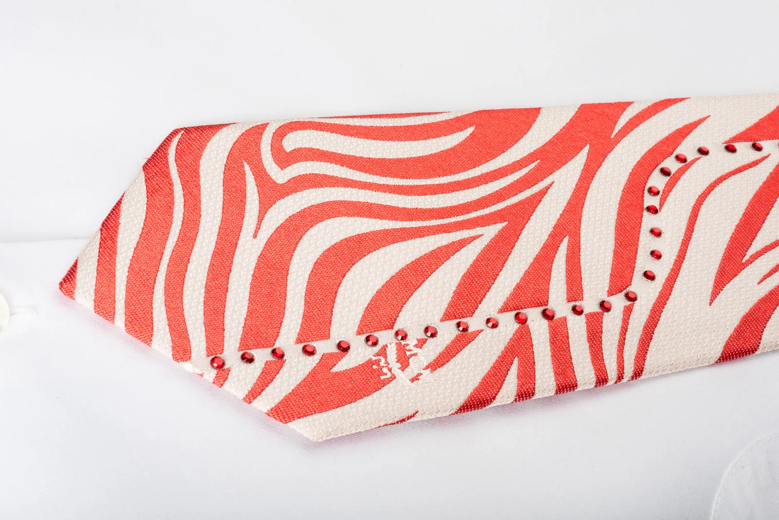 MCM Mens Silk Necktie Red Zebra Striped On White With Red Rhinstones