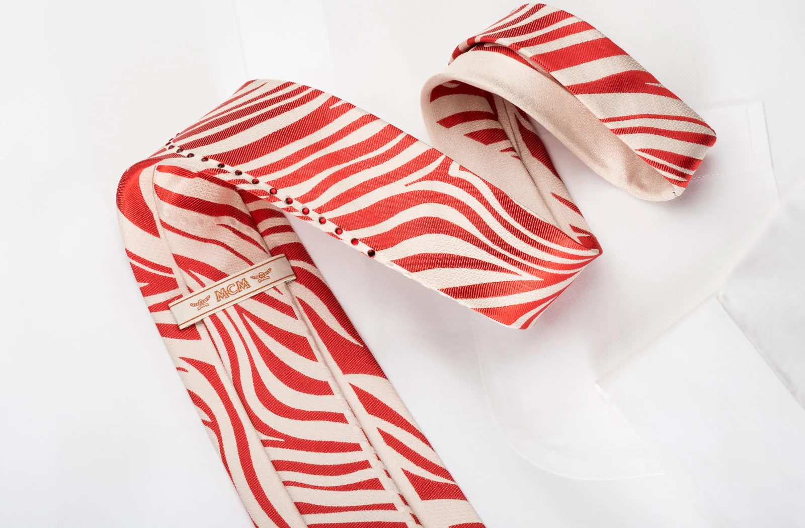 MCM Mens Silk Necktie Red Zebra Striped On White With Red Rhinstones