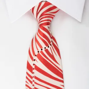 MCM Mens Silk Necktie Red Zebra Striped On White With Red Rhinstones