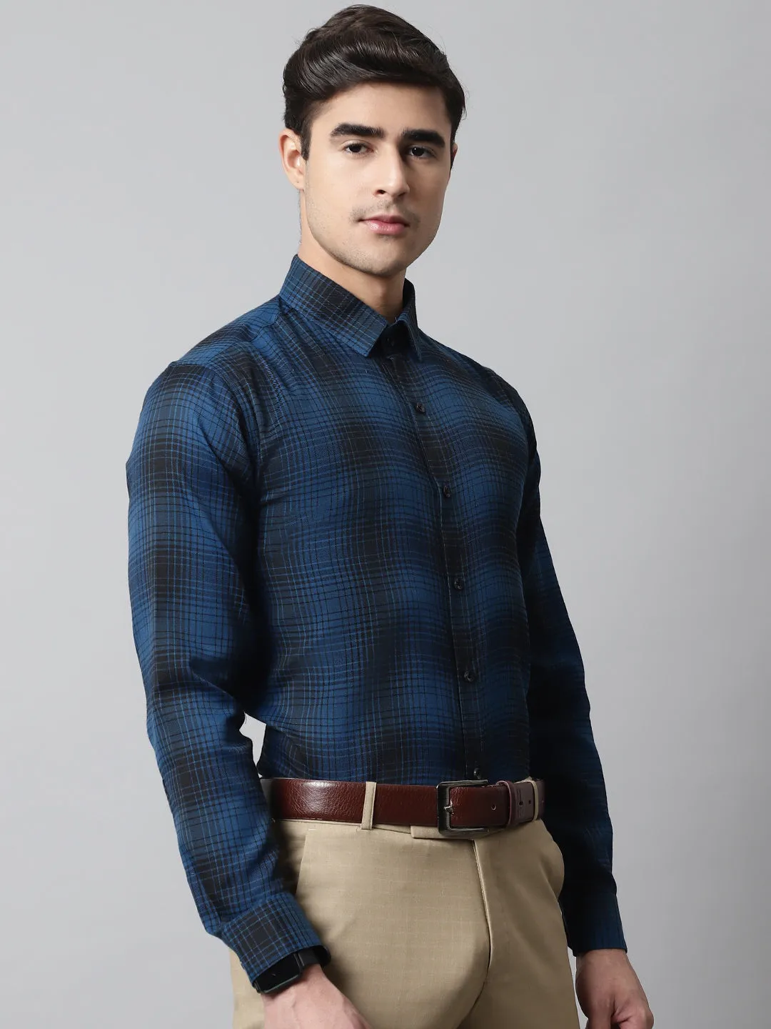 Men Peacock Blue Checks Regular Fit Cotton Formal Shirt