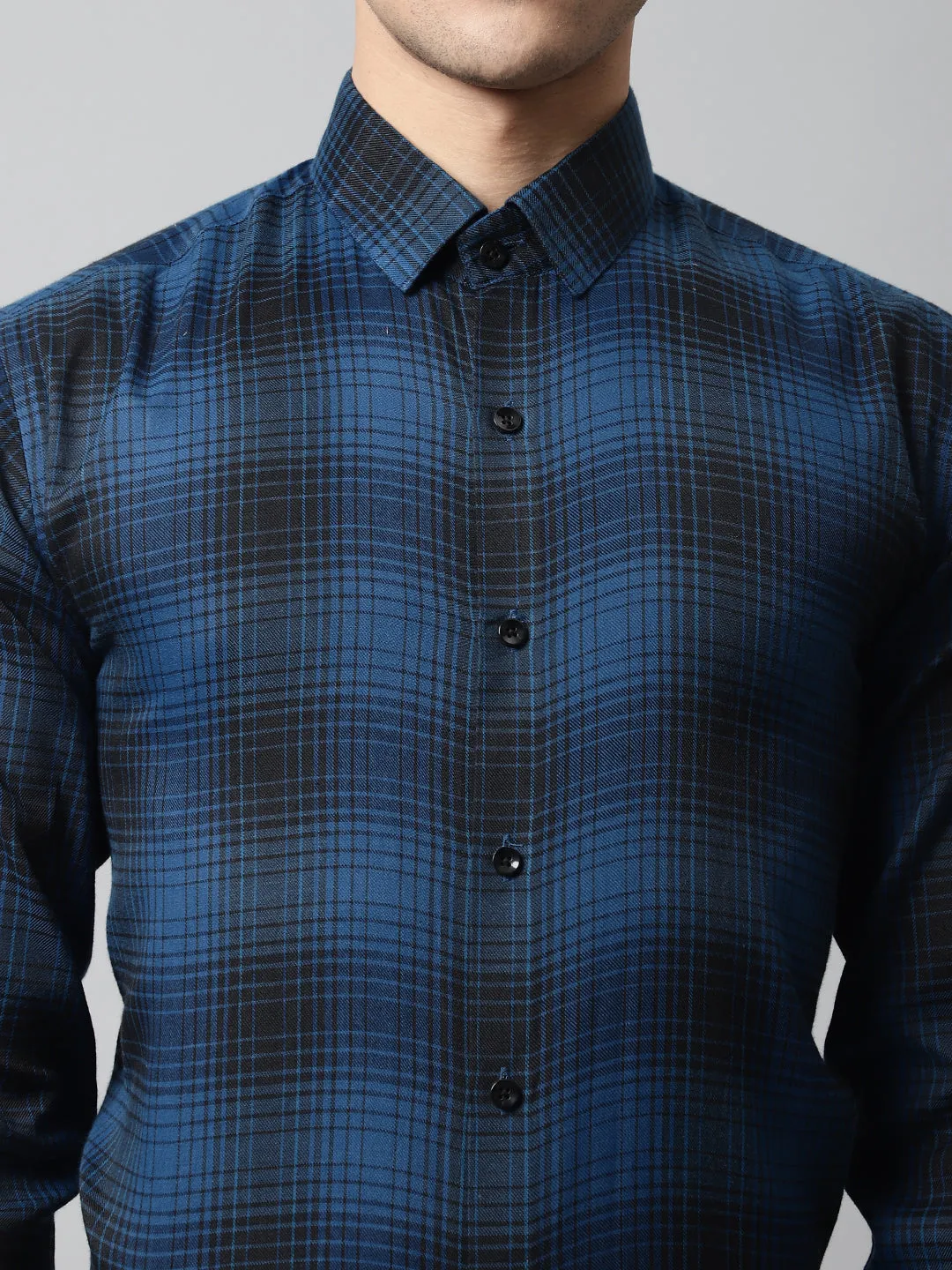 Men Peacock Blue Checks Regular Fit Cotton Formal Shirt