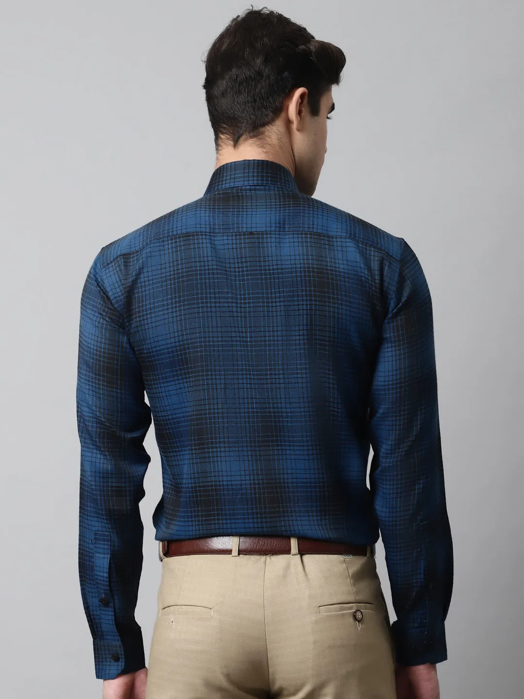 Men Peacock Blue Checks Regular Fit Cotton Formal Shirt