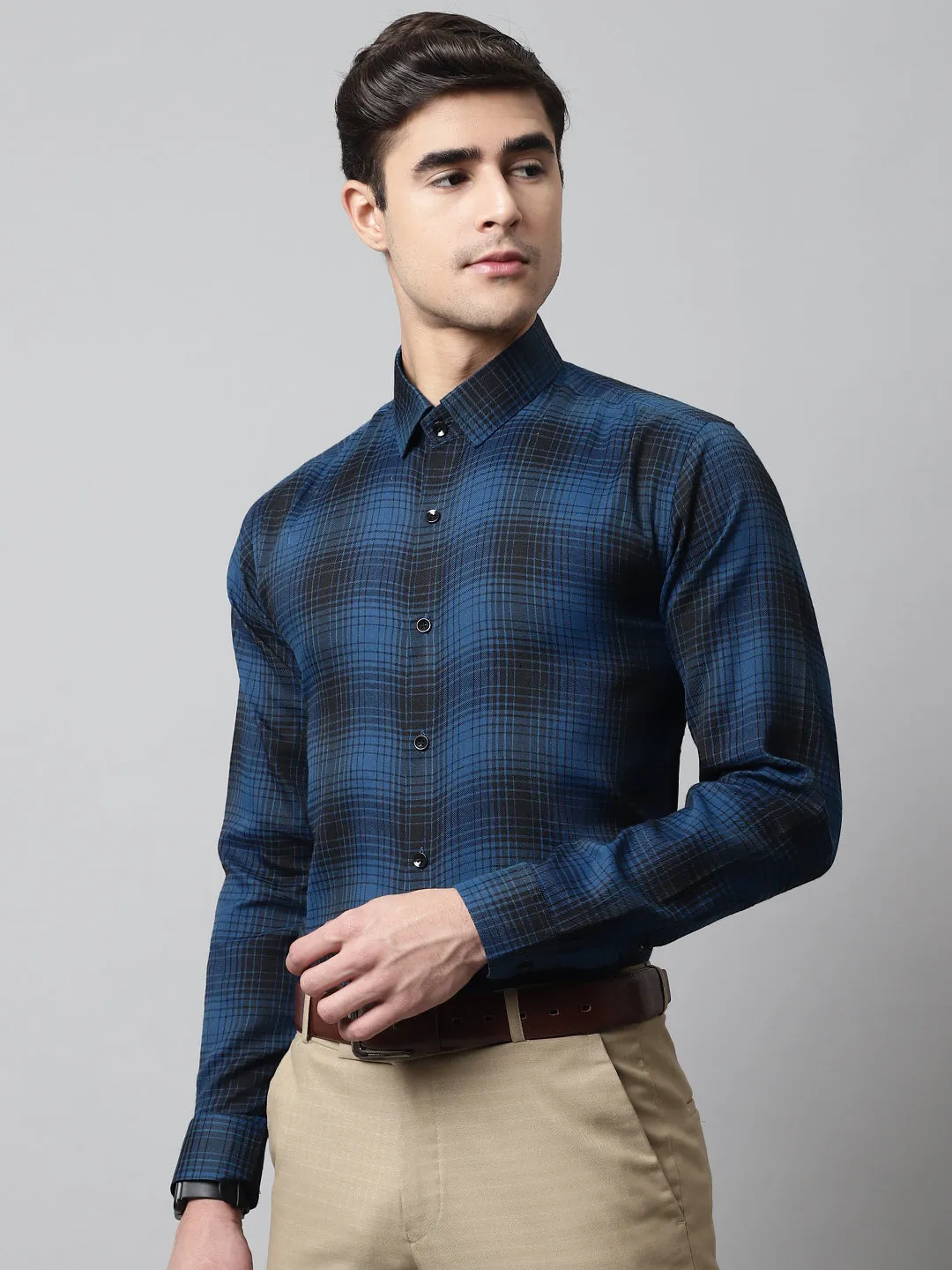 Men Peacock Blue Checks Regular Fit Cotton Formal Shirt