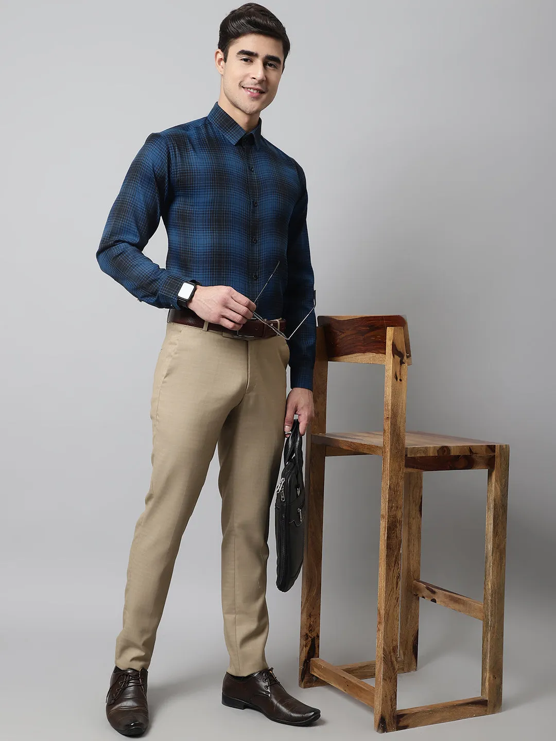 Men Peacock Blue Checks Regular Fit Cotton Formal Shirt