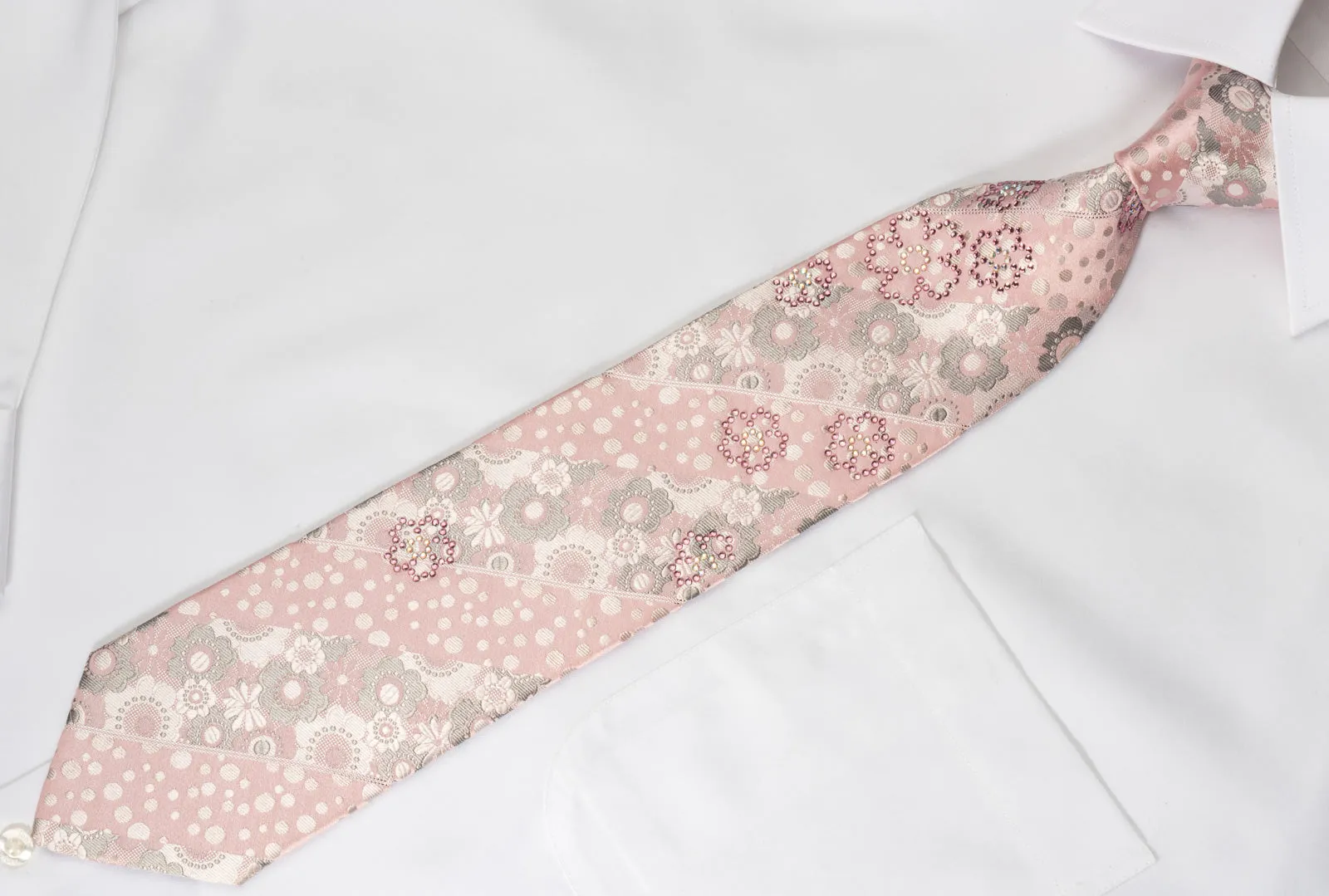 Metro City Silk Rhinestone Tie Floral On Pink With Silver Sparkles