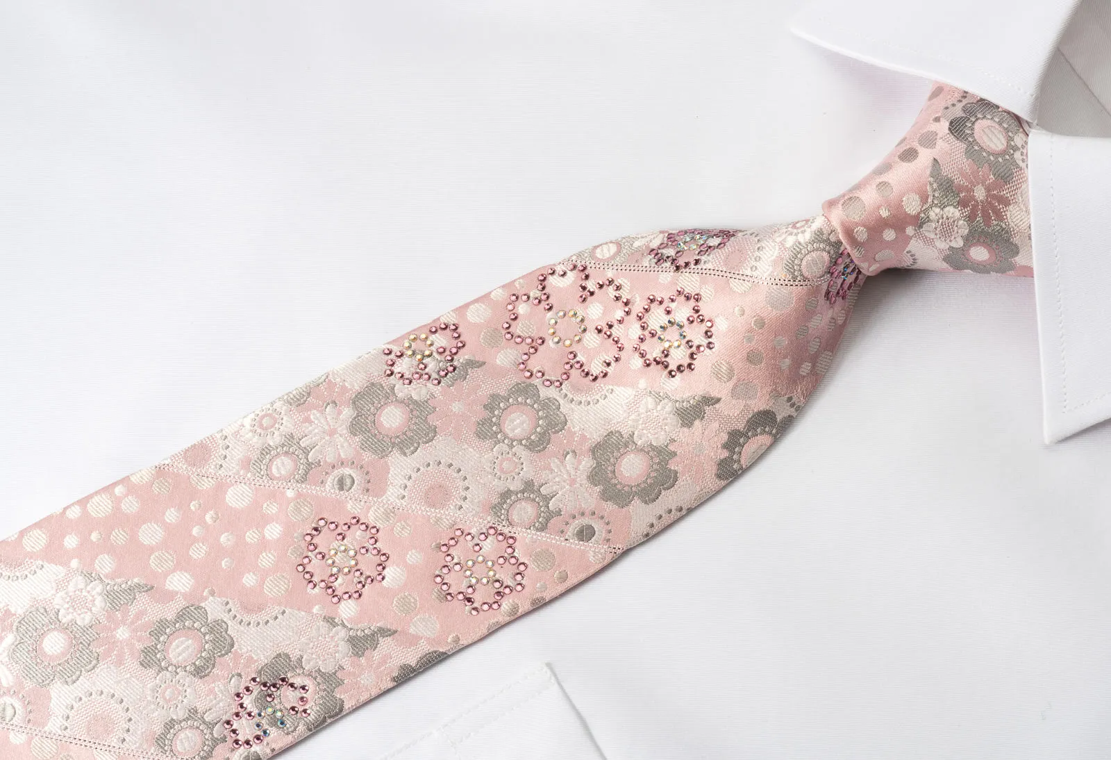 Metro City Silk Rhinestone Tie Floral On Pink With Silver Sparkles