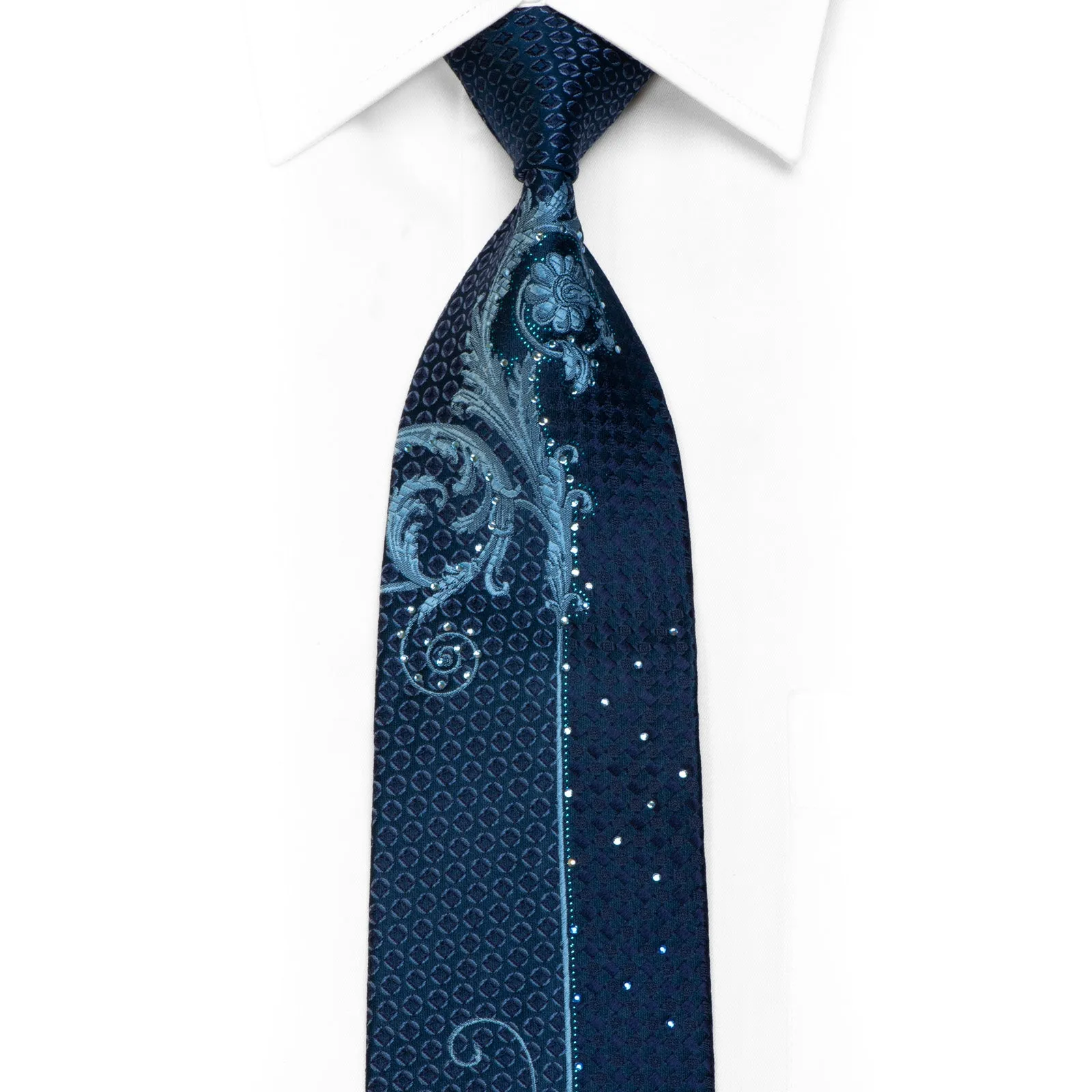 Micheal Angelo Rhinestone Necktie Acanthus Scrolls On Blue With Sparkles