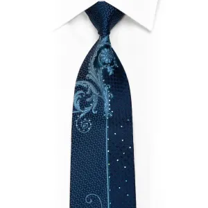 Micheal Angelo Rhinestone Necktie Acanthus Scrolls On Blue With Sparkles