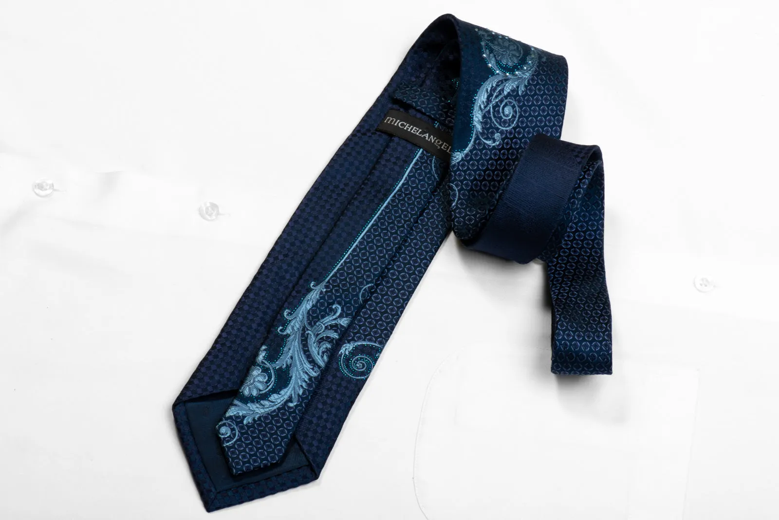 Micheal Angelo Rhinestone Necktie Acanthus Scrolls On Blue With Sparkles