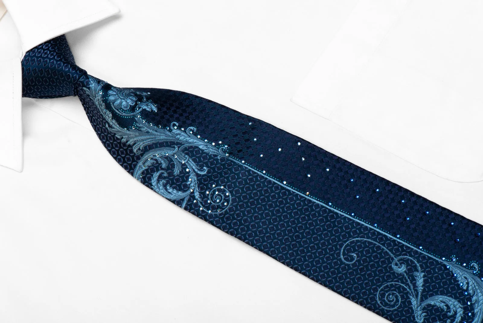 Micheal Angelo Rhinestone Necktie Acanthus Scrolls On Blue With Sparkles