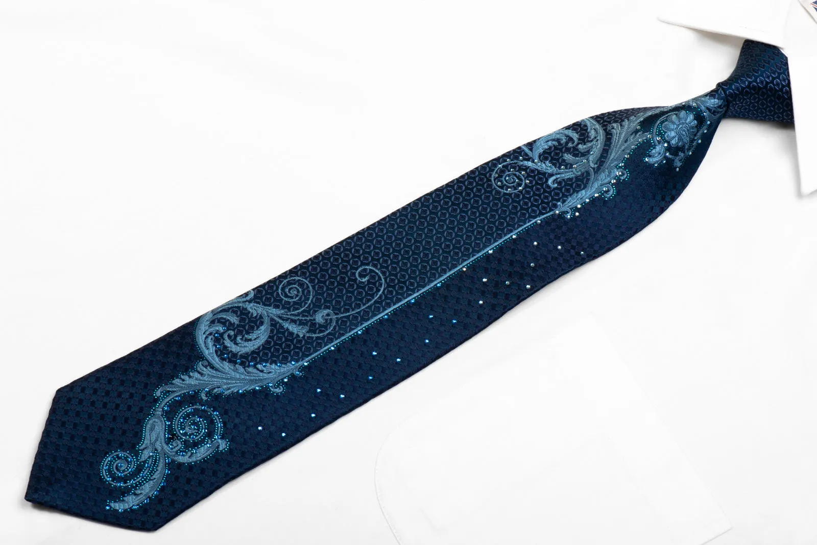 Micheal Angelo Rhinestone Necktie Acanthus Scrolls On Blue With Sparkles