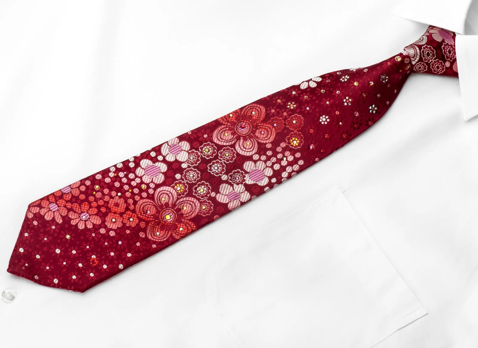 Mila Schon Men's Crystal Rhinestone Necktie Floral On Red With Silver Sparkles