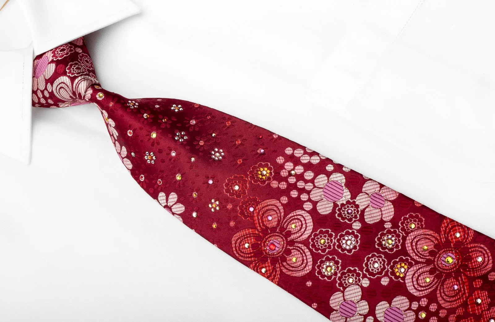 Mila Schon Men's Crystal Rhinestone Necktie Floral On Red With Silver Sparkles