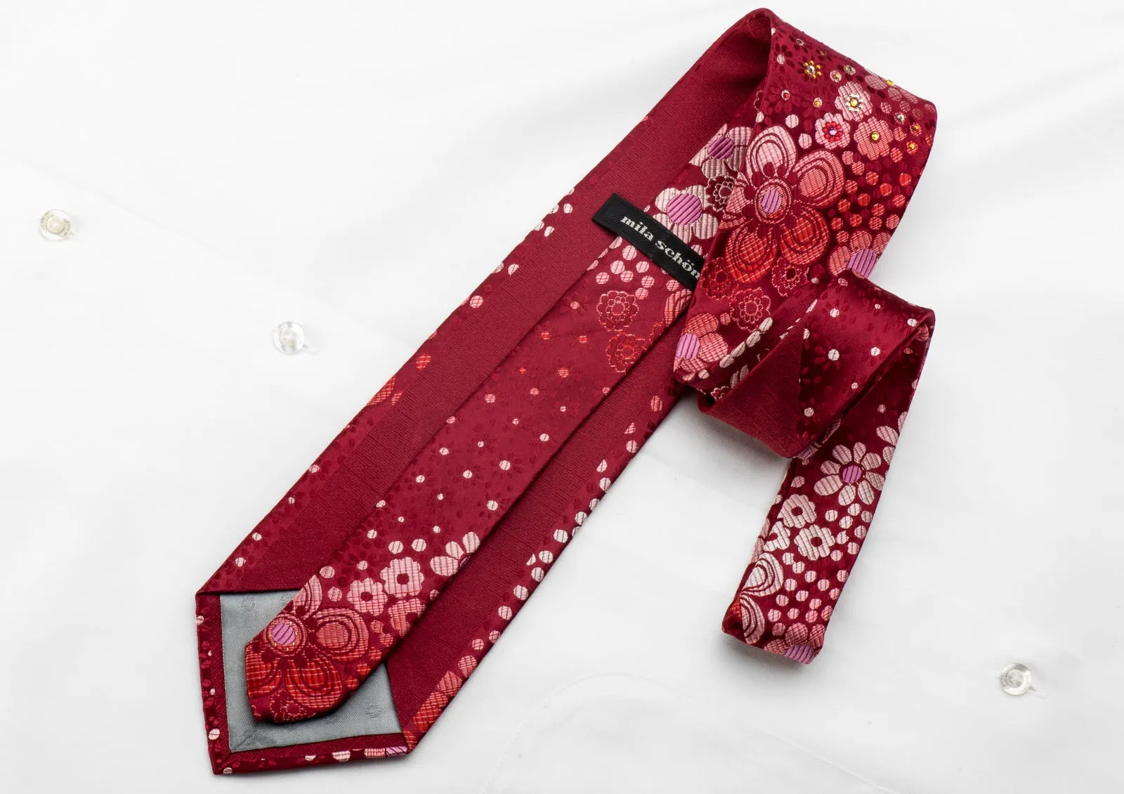 Mila Schon Men's Crystal Rhinestone Necktie Floral On Red With Silver Sparkles