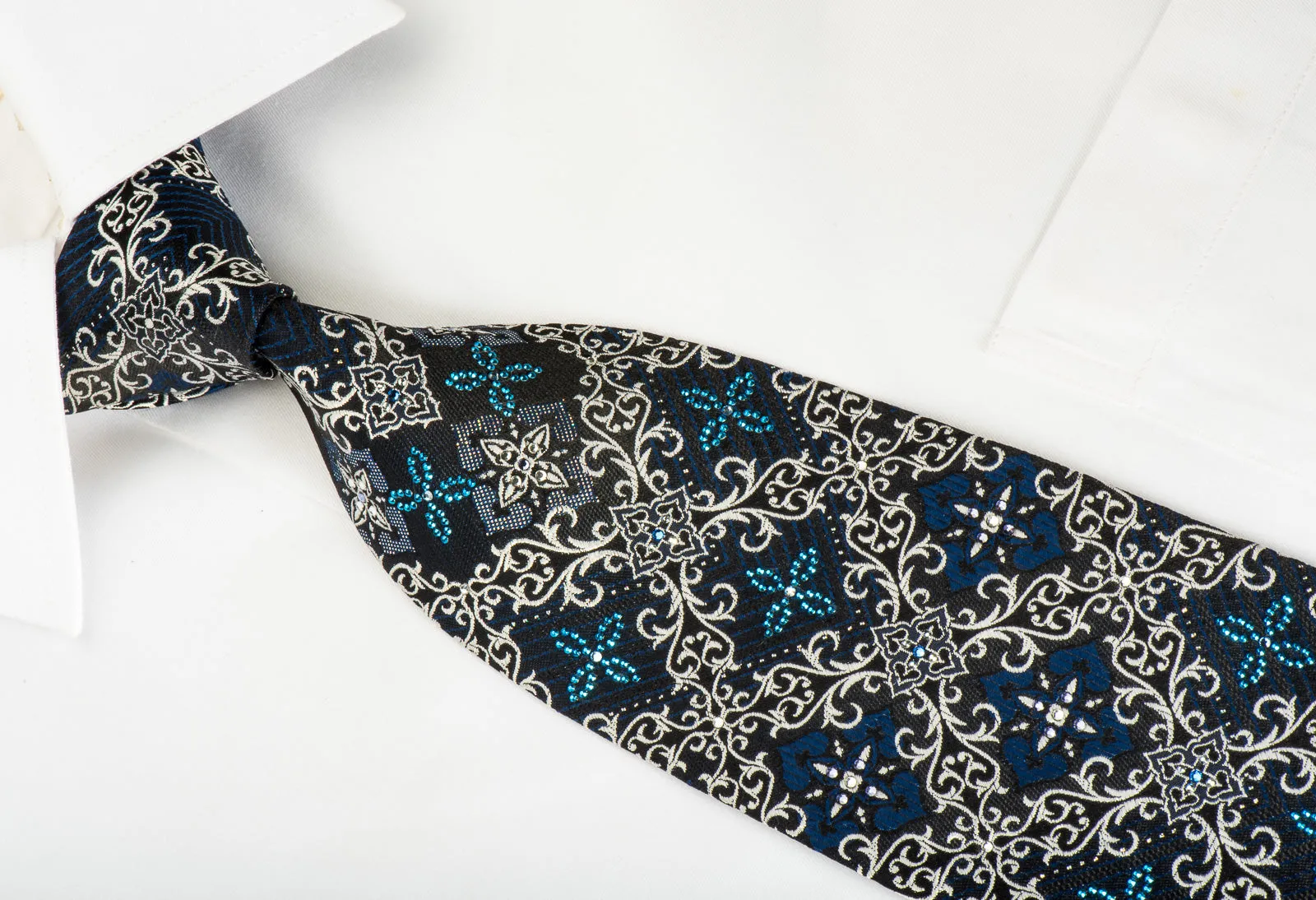 Mila Schon Rhinestone Silk Necktie Silver Cartouche On Black With Silver Blue Sparkles