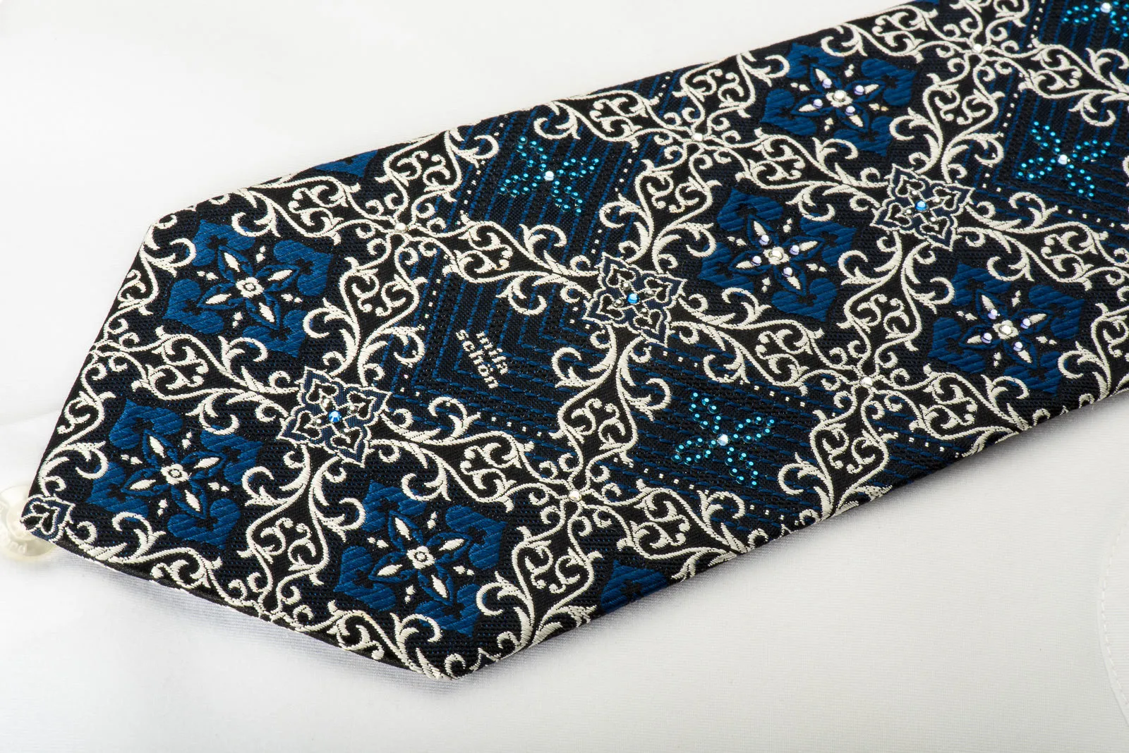 Mila Schon Rhinestone Silk Necktie Silver Cartouche On Black With Silver Blue Sparkles