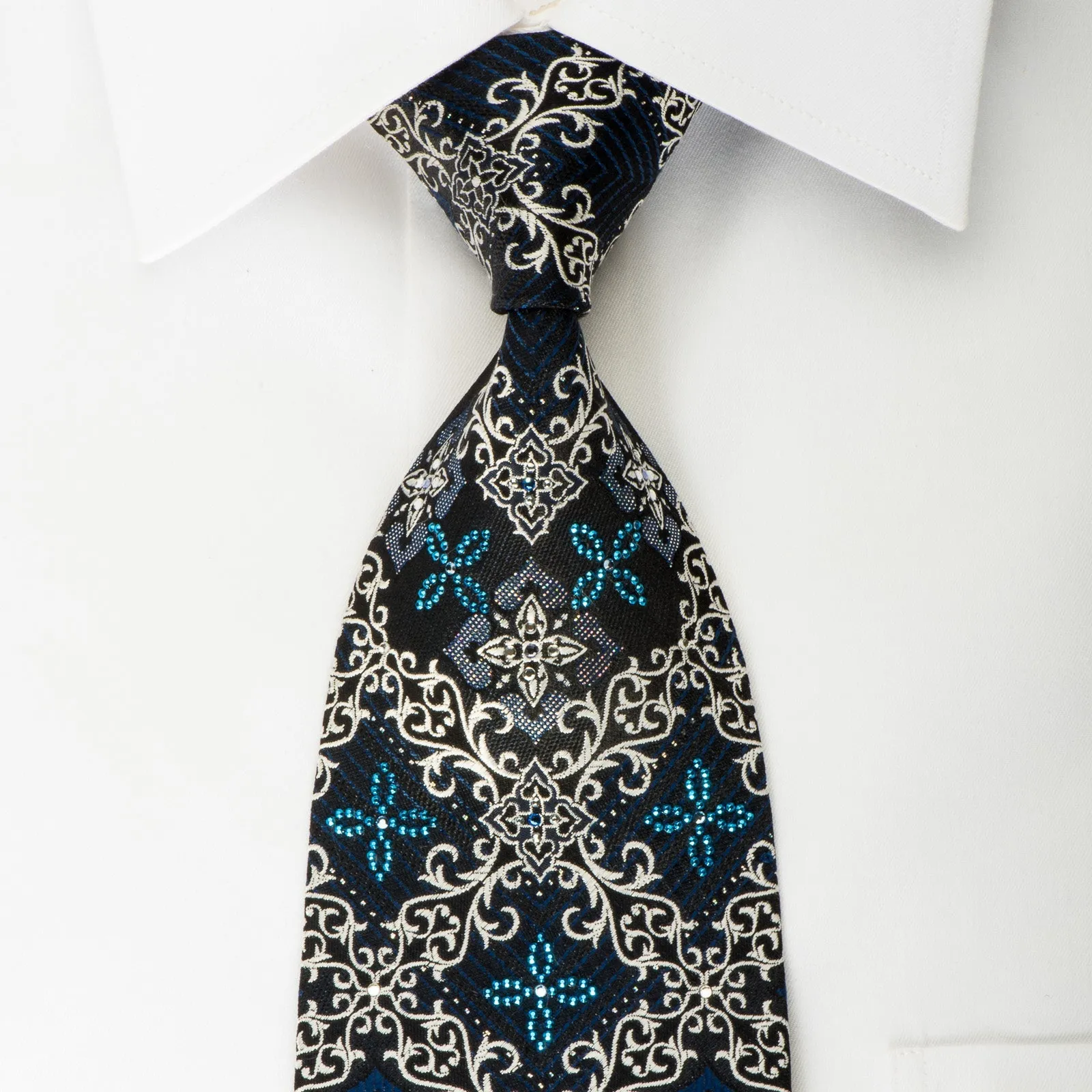 Mila Schon Rhinestone Silk Necktie Silver Cartouche On Black With Silver Blue Sparkles