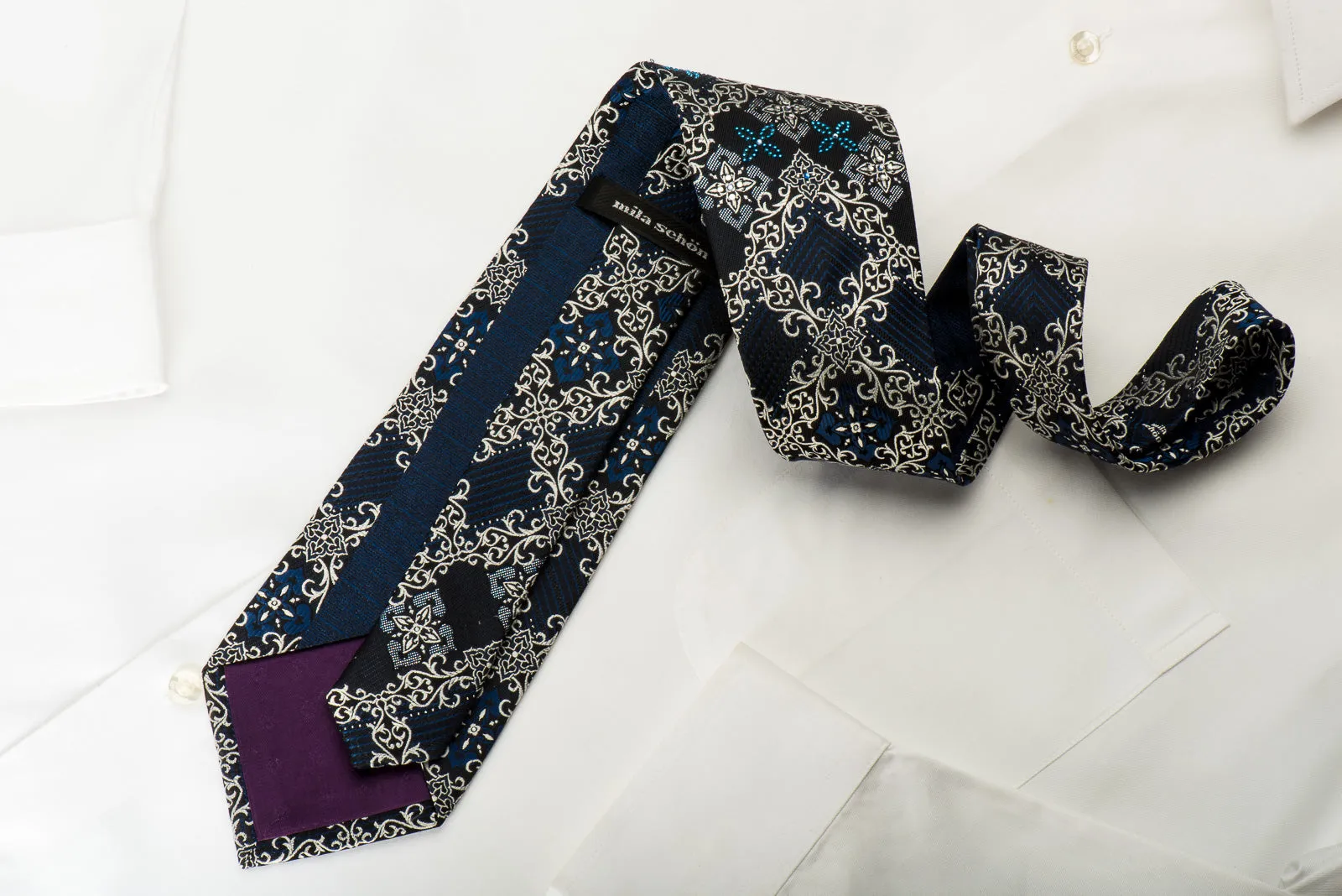 Mila Schon Rhinestone Silk Necktie Silver Cartouche On Black With Silver Blue Sparkles