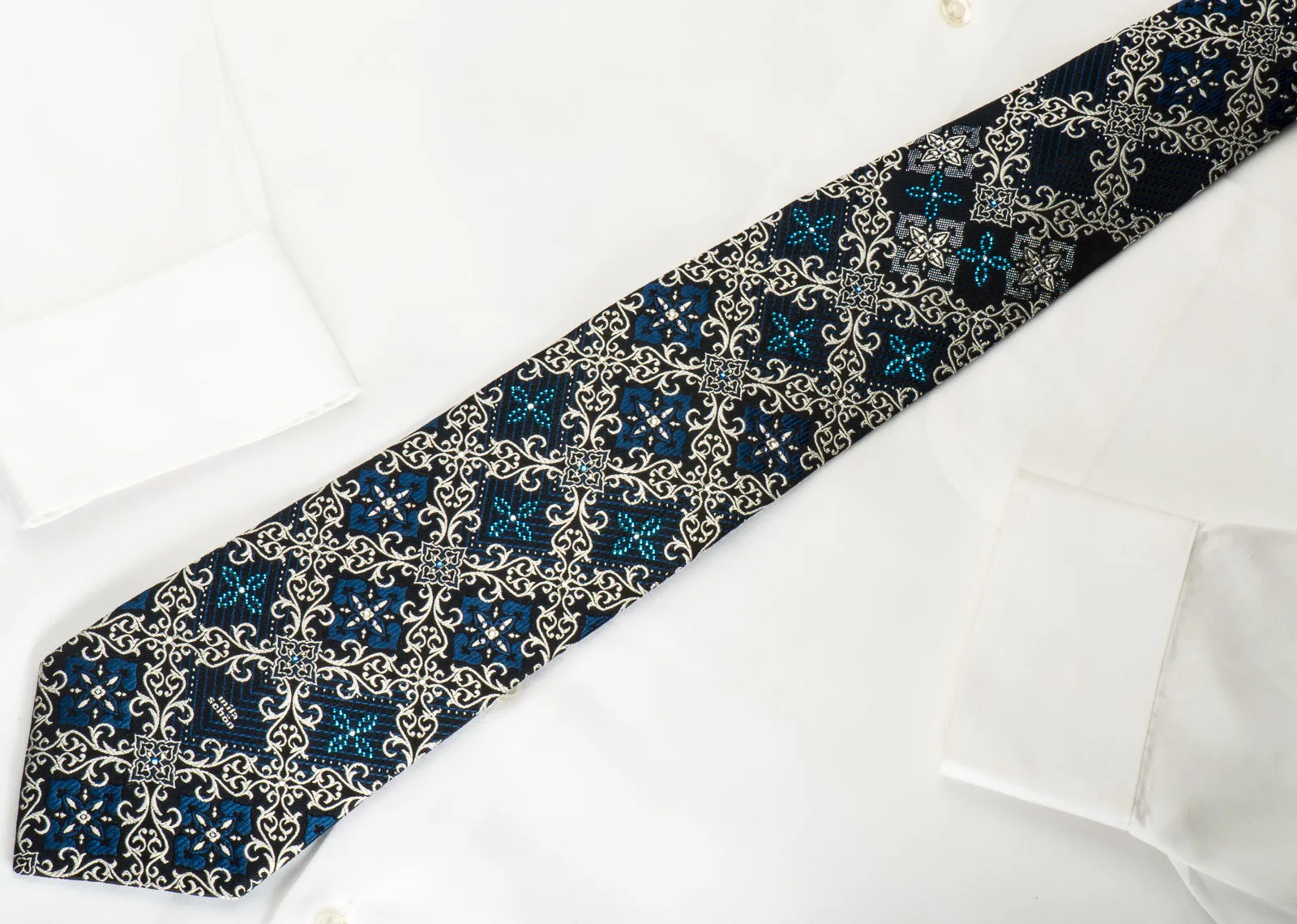 Mila Schon Rhinestone Silk Necktie Silver Cartouche On Black With Silver Blue Sparkles