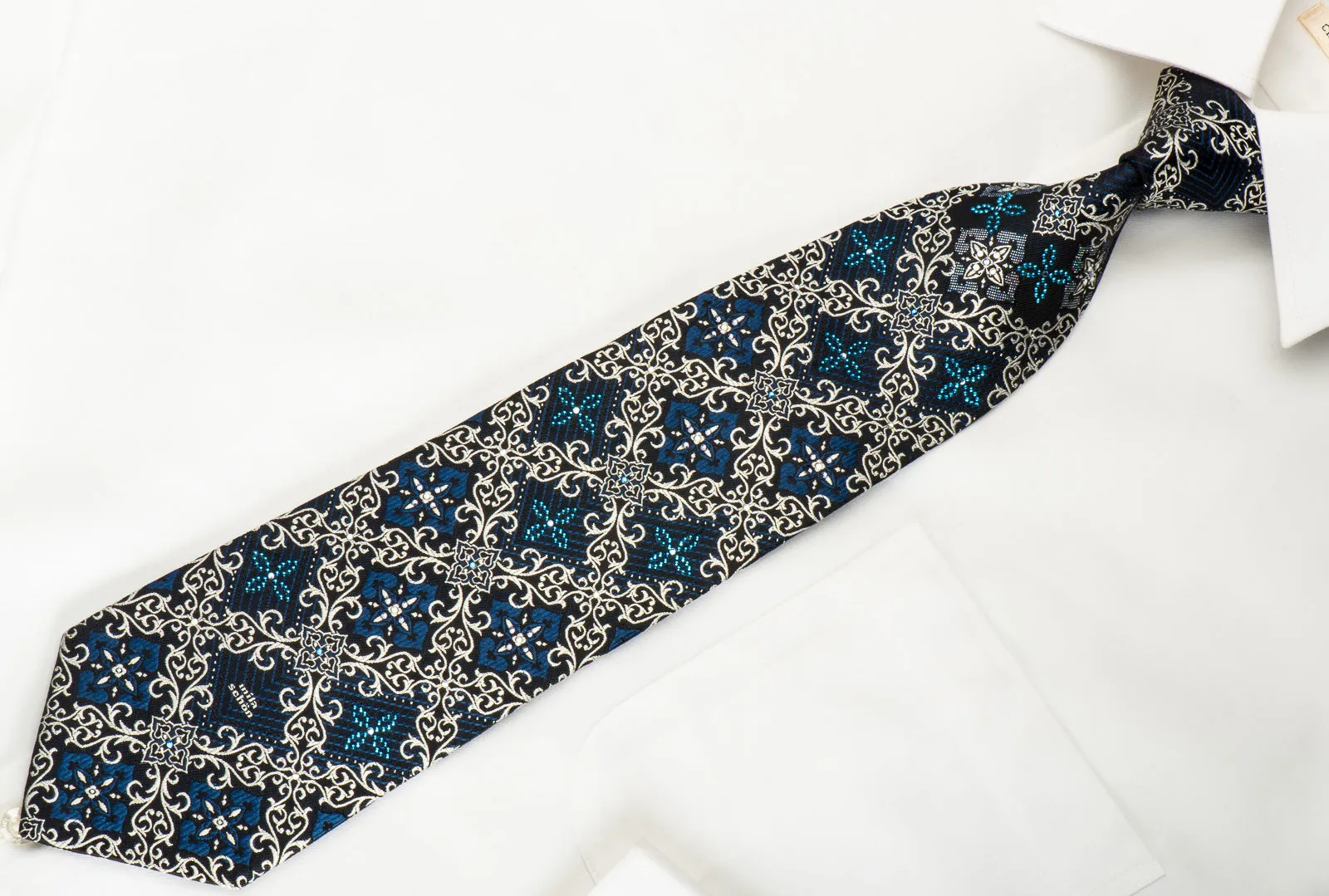 Mila Schon Rhinestone Silk Necktie Silver Cartouche On Black With Silver Blue Sparkles