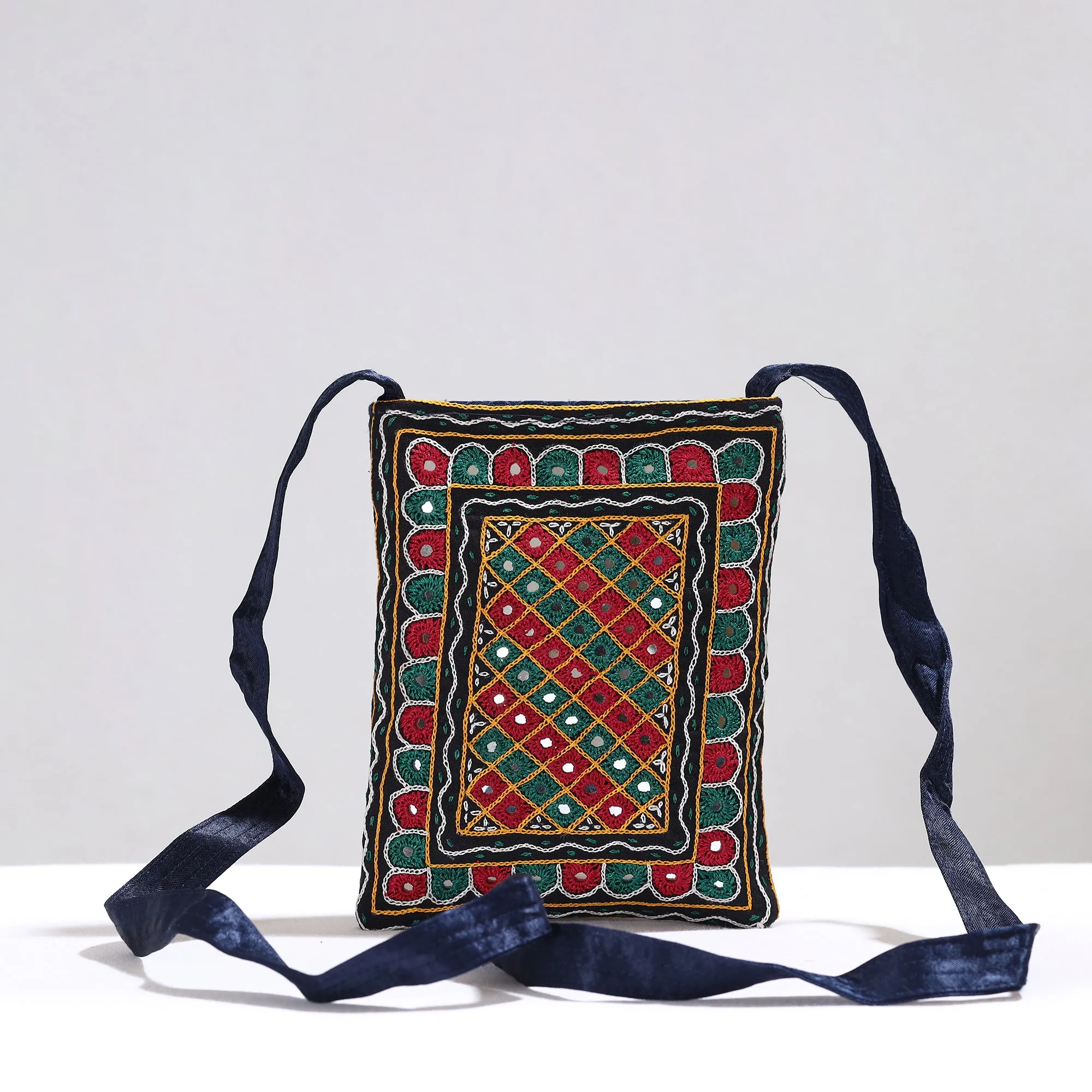 Multicolor - Kutch Abhla Hand Embroidery Mirror Work Mashru Silk Sling Bag 03