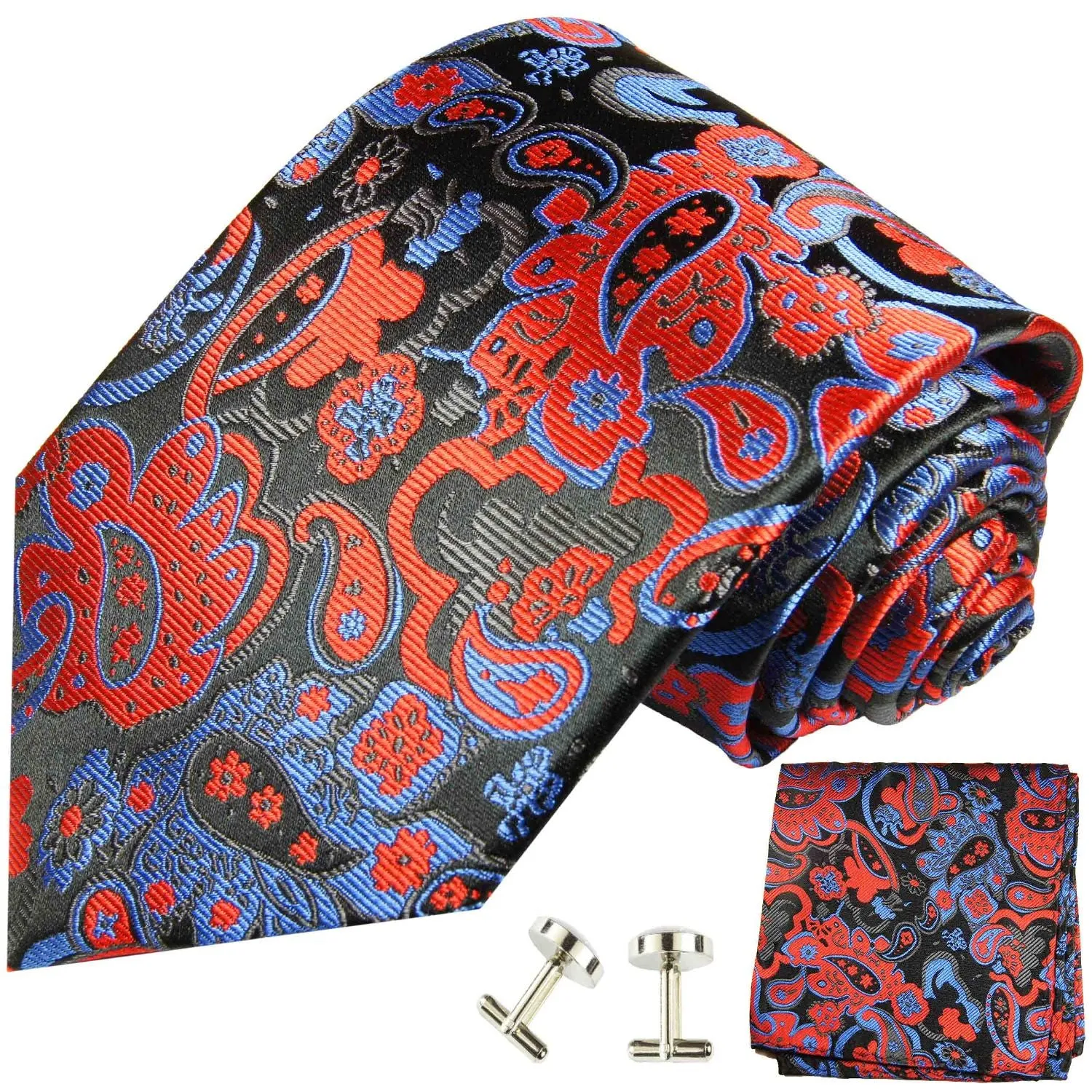 Navy and Red Paisley Silk Necktie Set by Paul Malone