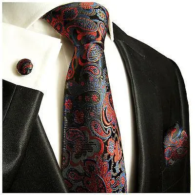 Navy and Red Paisley Silk Necktie Set by Paul Malone